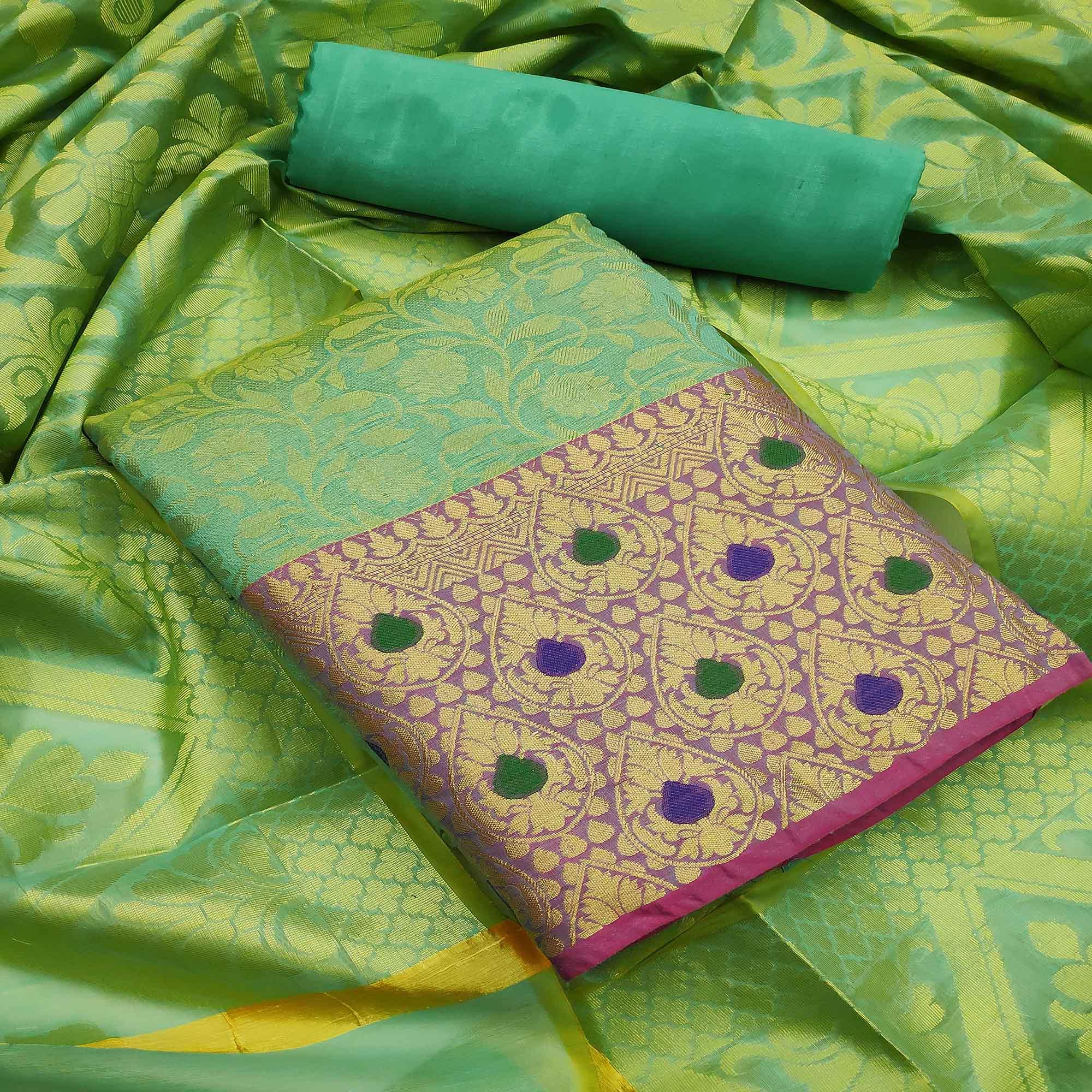 Pretty Dark Green Colored Festive Wear Woven Heavy Banarasi Silk Dress Material - Peachmode