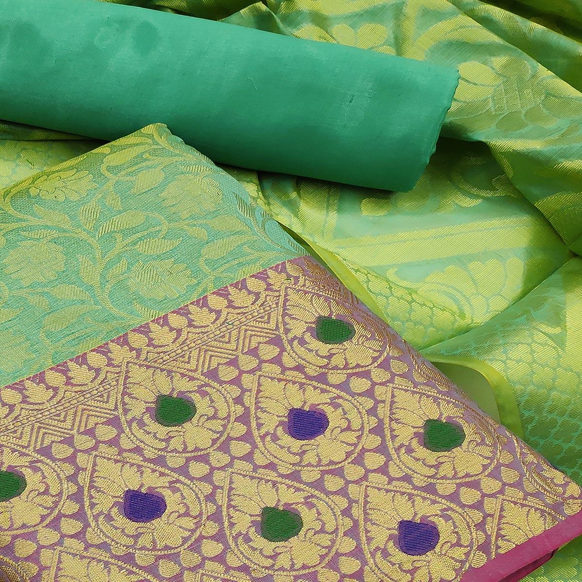 Pretty Dark Green Colored Festive Wear Woven Heavy Banarasi Silk Dress Material - Peachmode