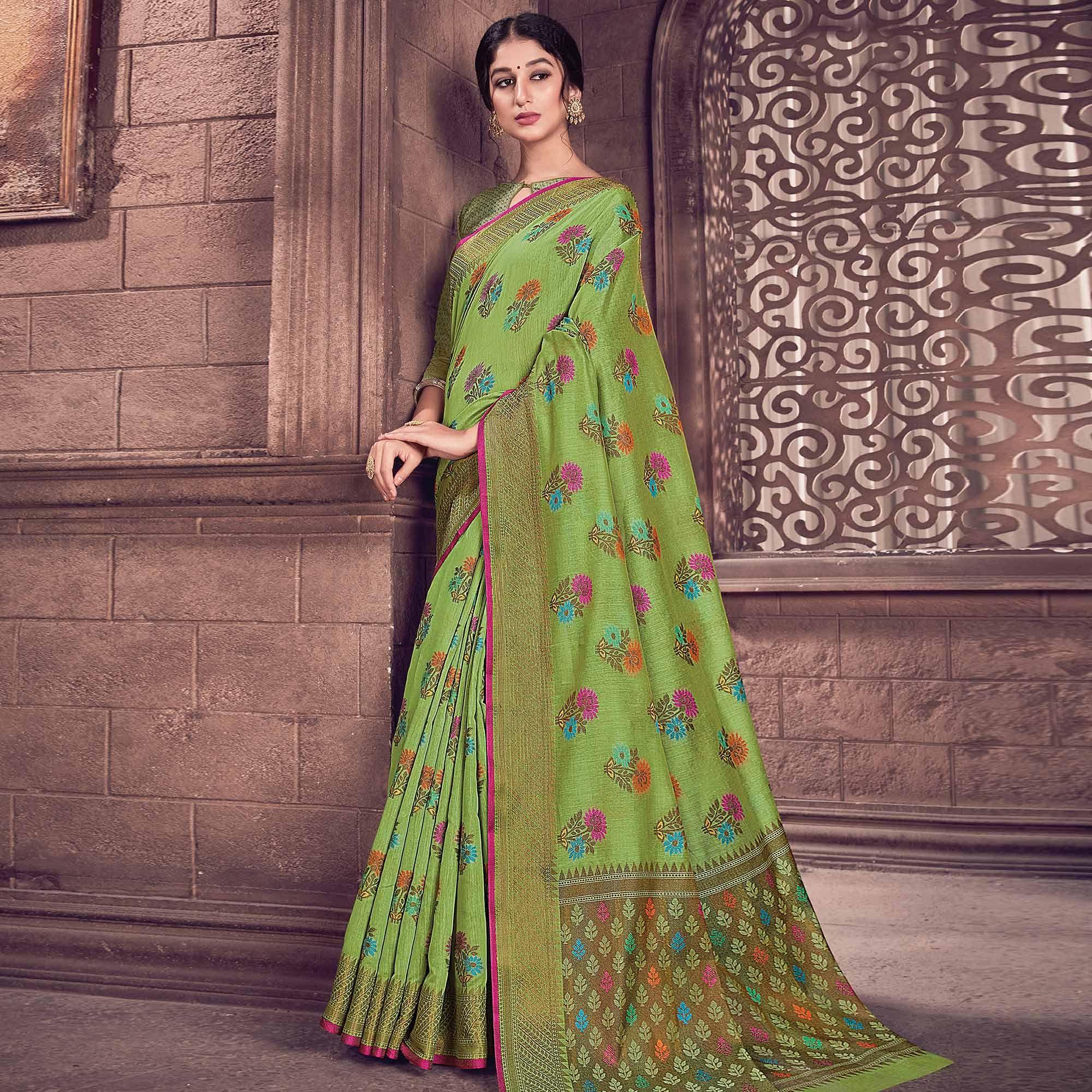 Pretty Green Colored Festive Wear Woven Handloom Silk Saree - Peachmode