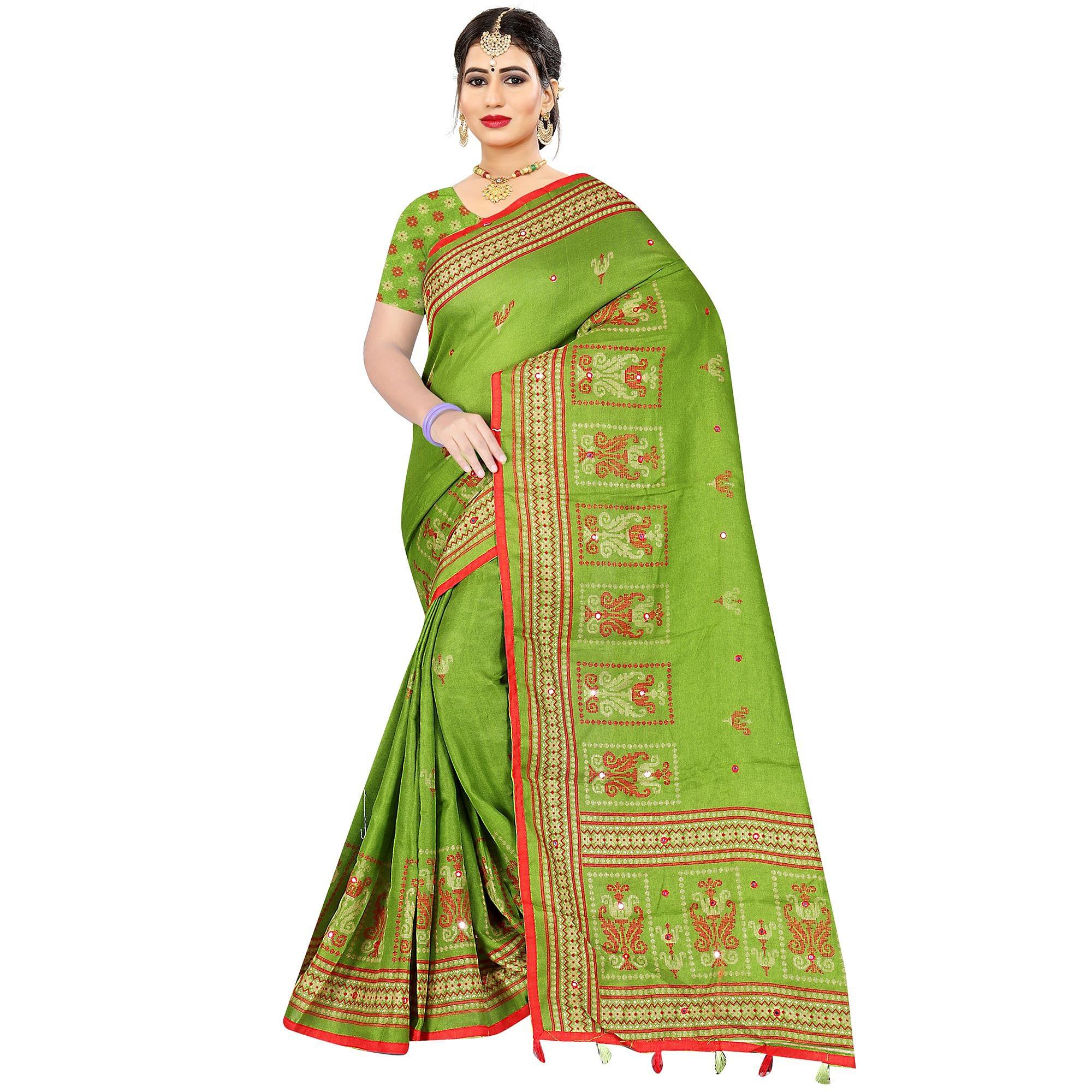 Pretty Green Coloured Festive Wear Printed Cotton Jute Saree - Peachmode