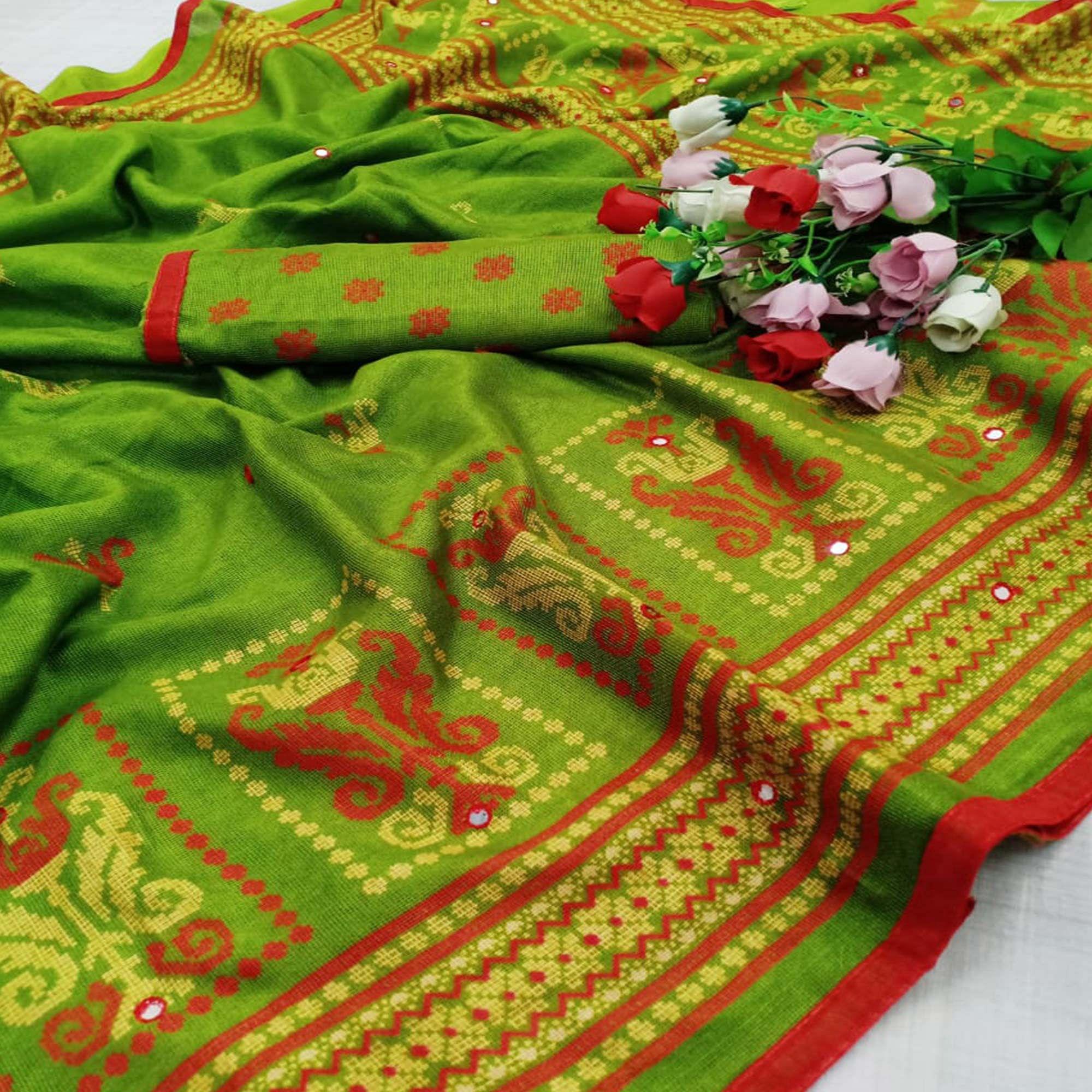 Pretty Green Coloured Festive Wear Printed Cotton Jute Saree - Peachmode