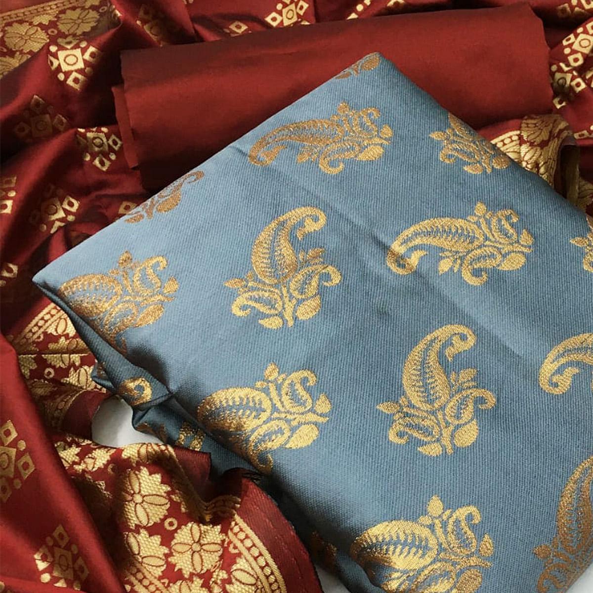 Pretty Grey Colored Casual Wear Woven Banarasi Silk Dress Material - Peachmode