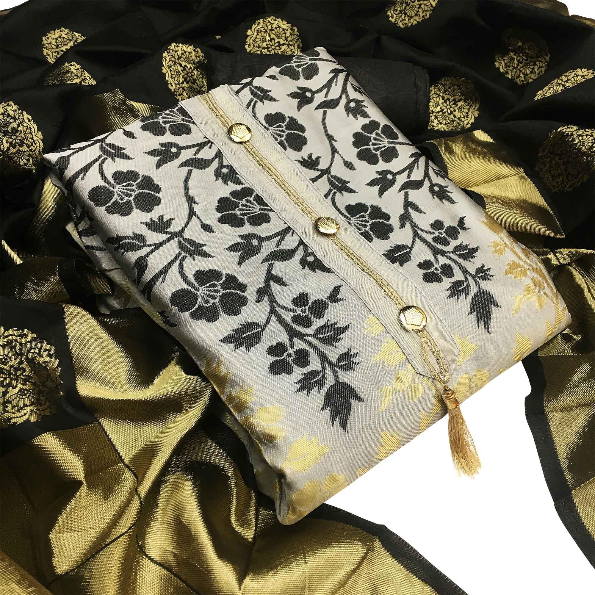 Pretty Grey Colored Festive Wear Woven Heavy Banarasi Silk Dress Material - Peachmode