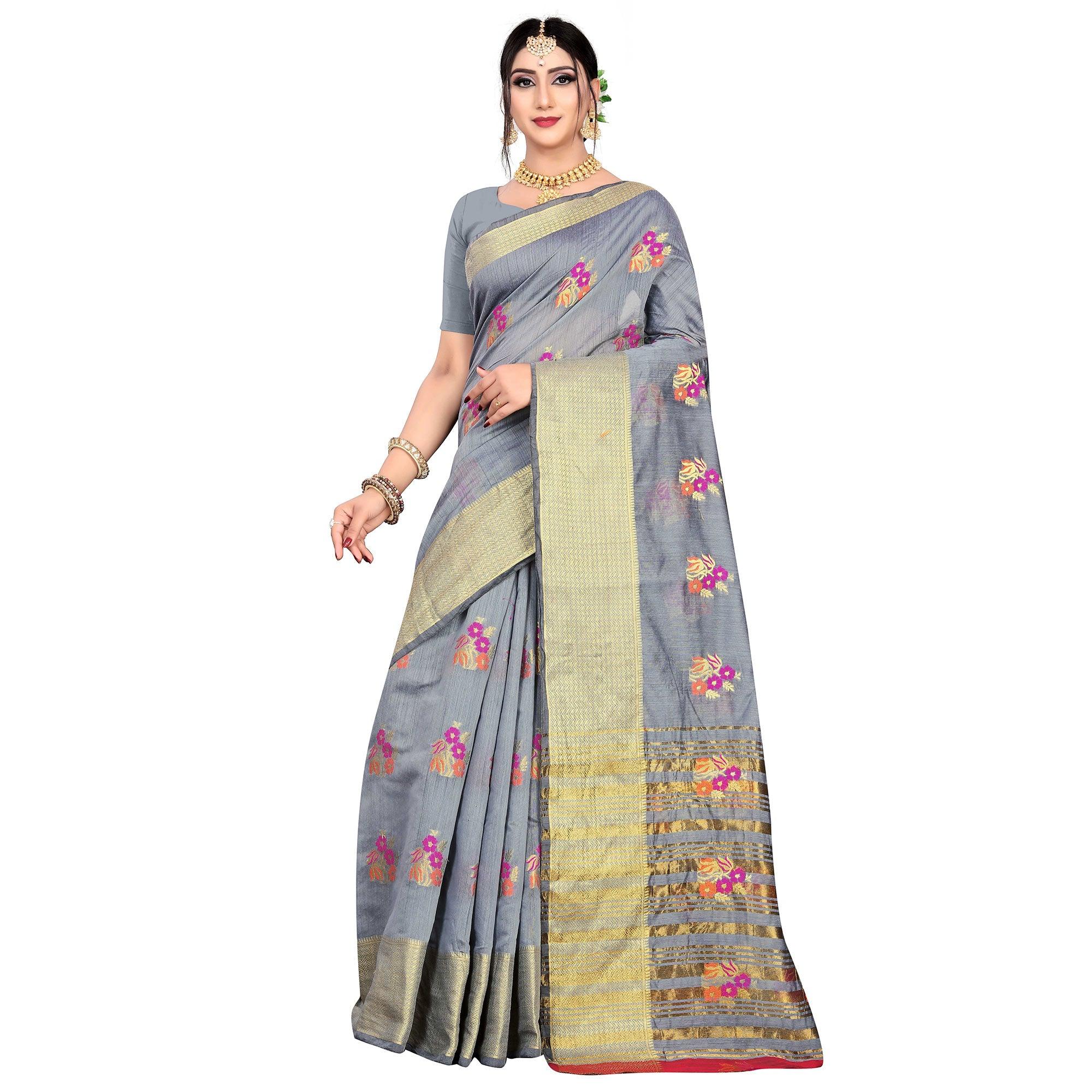 Pretty Grey Colored Festive Wear Woven Meenakari Butta Cotton Silk Saree - Peachmode