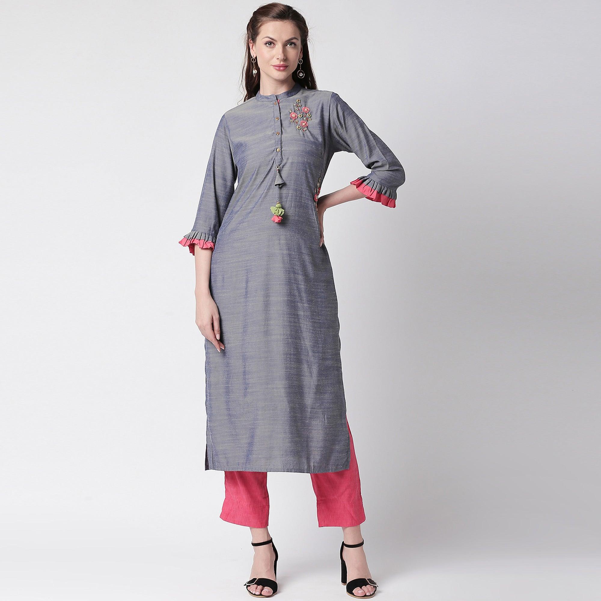 Pretty Grey Colored Partywear Embroidered Cotton Kurti-Pant Set - Peachmode