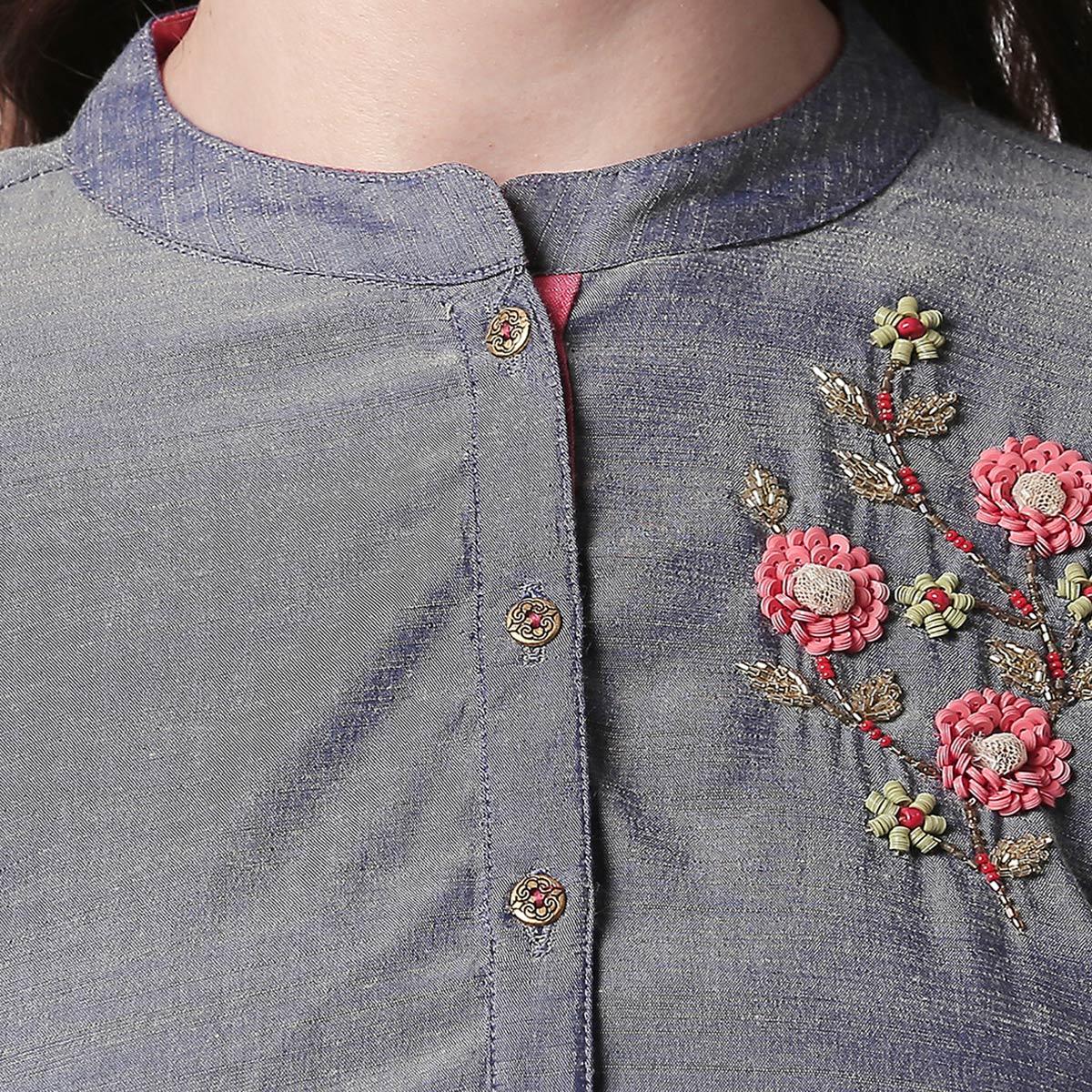 Pretty Grey Colored Partywear Embroidered Cotton Kurti-Pant Set - Peachmode