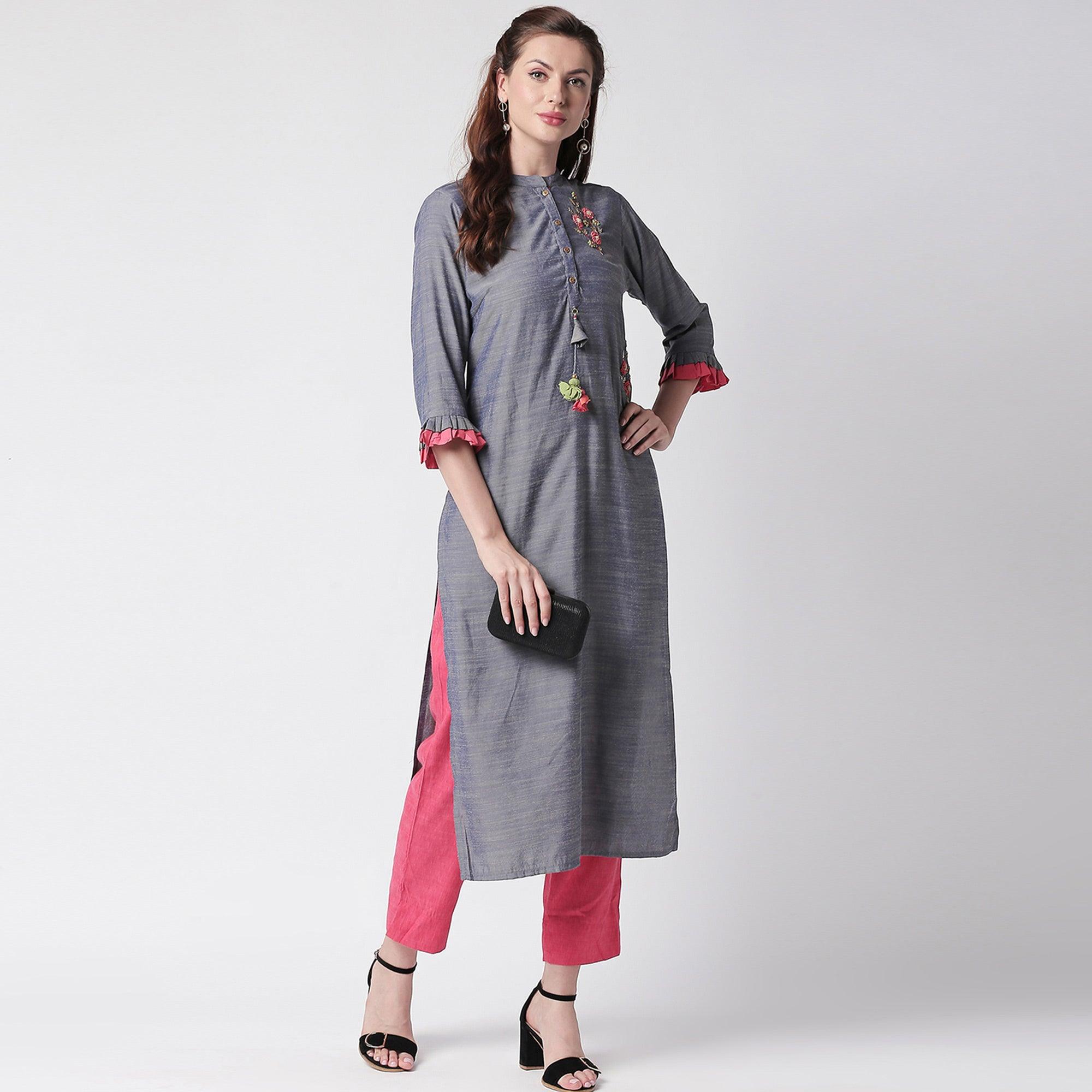 Pretty Grey Colored Partywear Embroidered Cotton Kurti-Pant Set - Peachmode