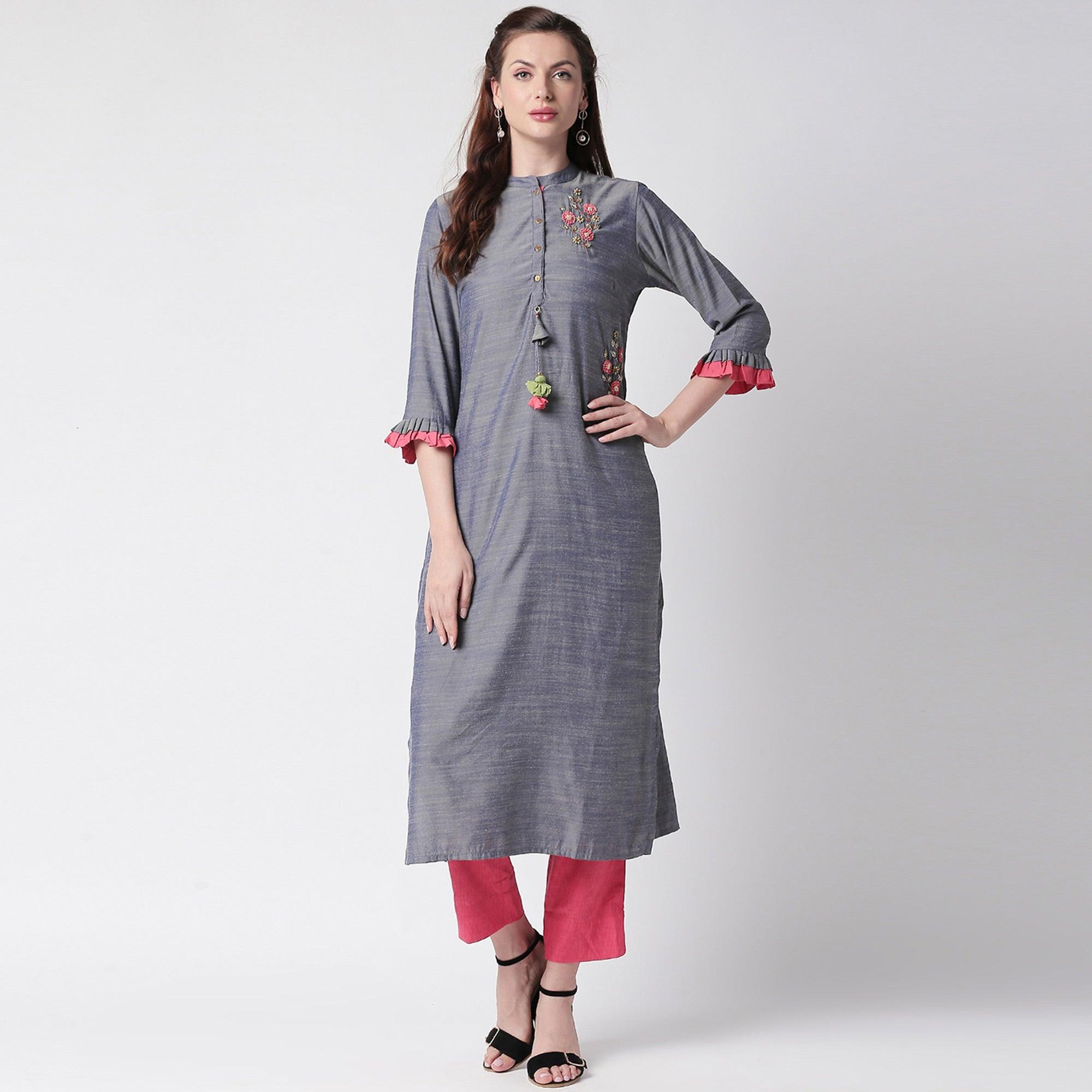 Pretty Grey Colored Partywear Embroidered Cotton Kurti-Pant Set - Peachmode
