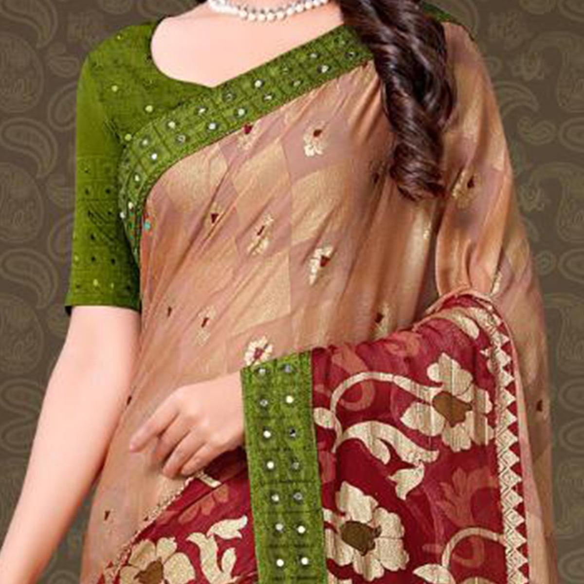 Pretty Light Peach Colored Partywear Embroidered Chiffon Brasso Saree - Peachmode