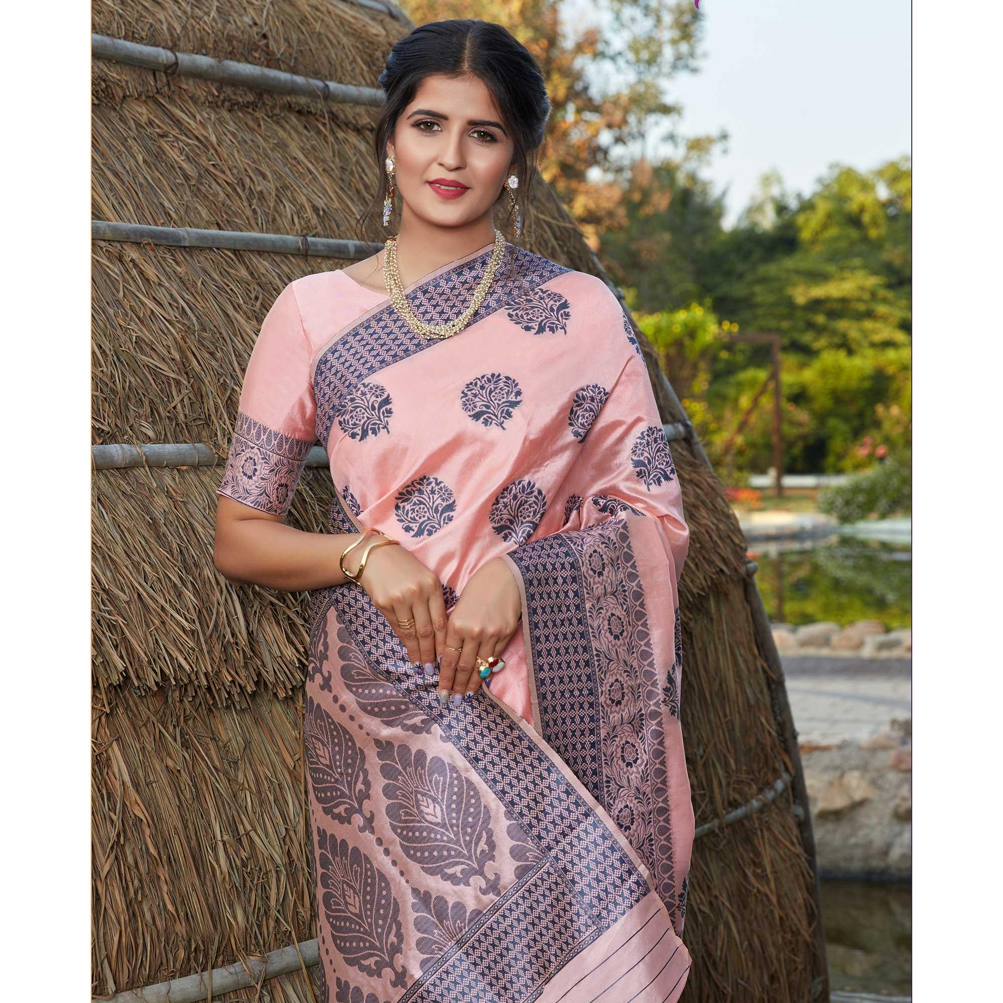 Pretty Light Pink Colored Festive Wear Woven Banarasi Silk Saree - Peachmode