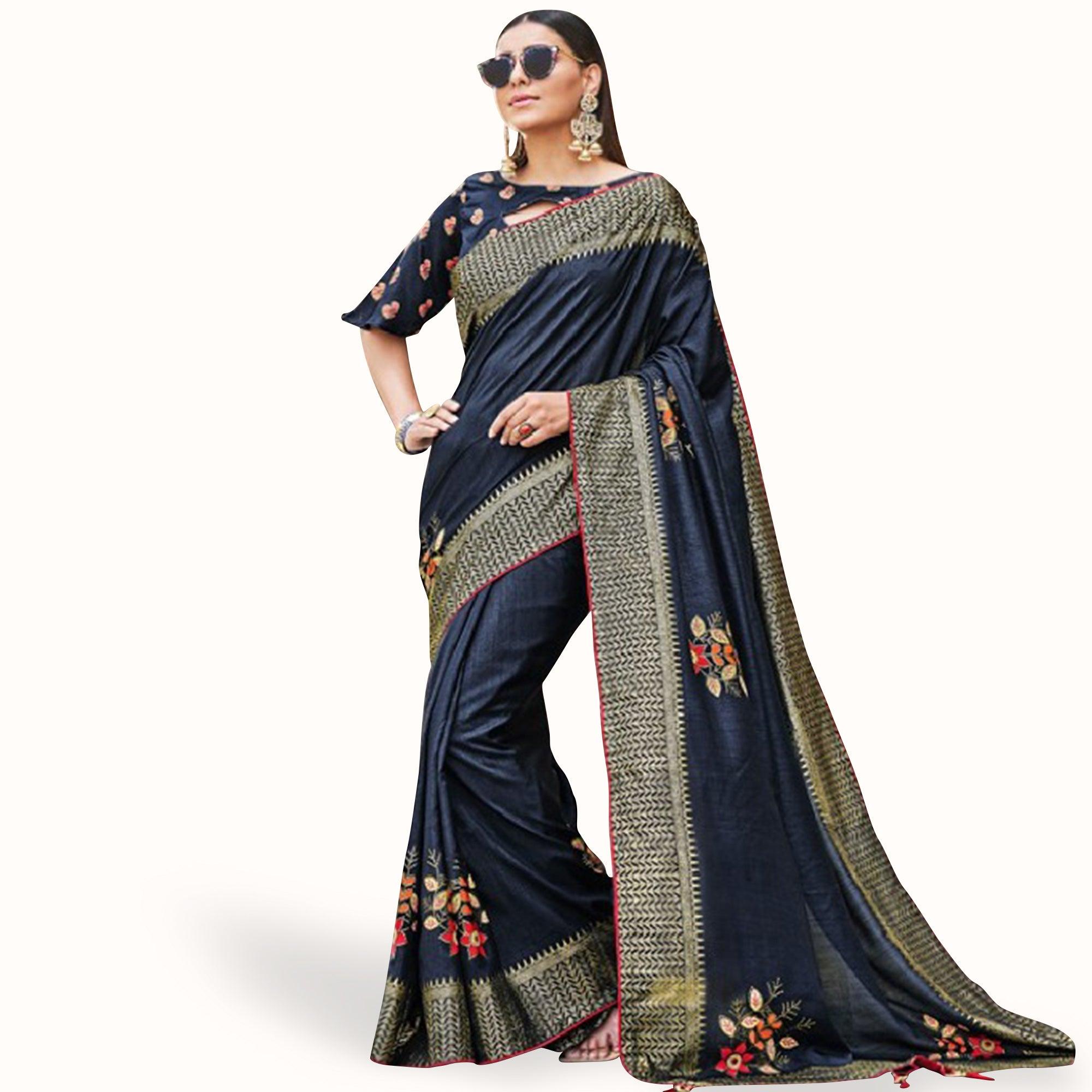 Pretty Navy Blue Colored Festive Wear Printed Silk Saree - Peachmode