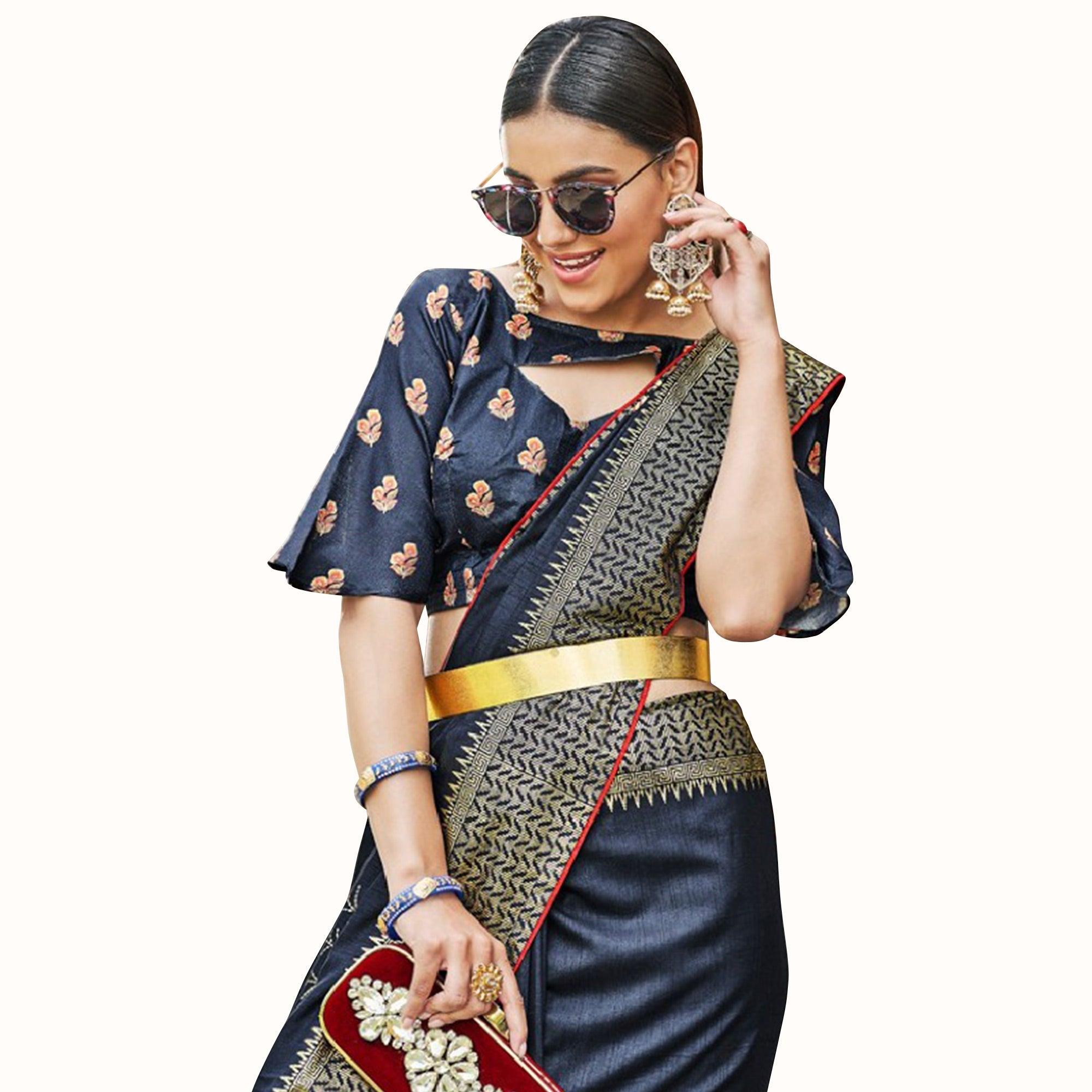 Pretty Navy Blue Colored Festive Wear Printed Silk Saree - Peachmode