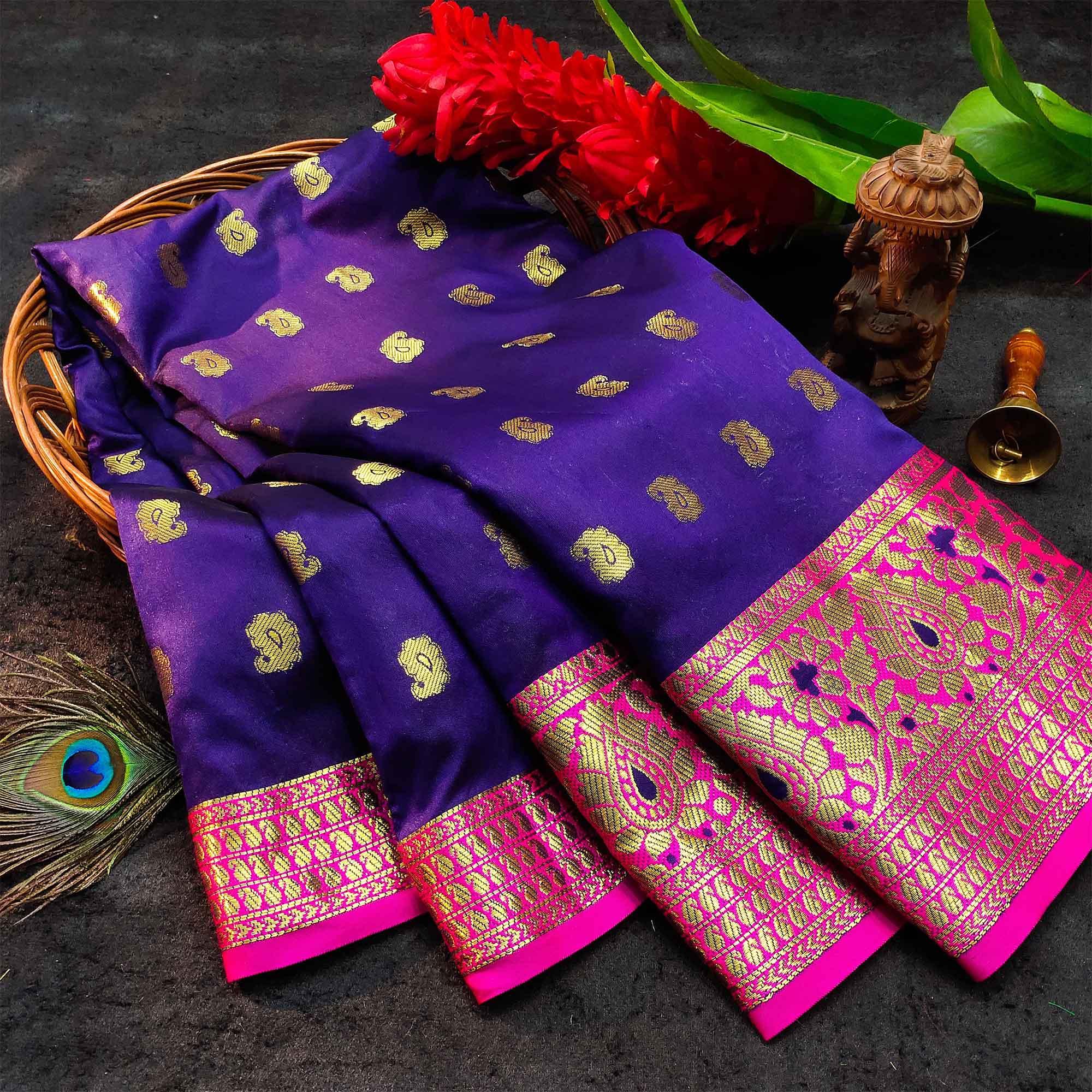 Pretty Navy Blue Colored Festive Wear Woven Kanjivaram Silk Saree - Peachmode