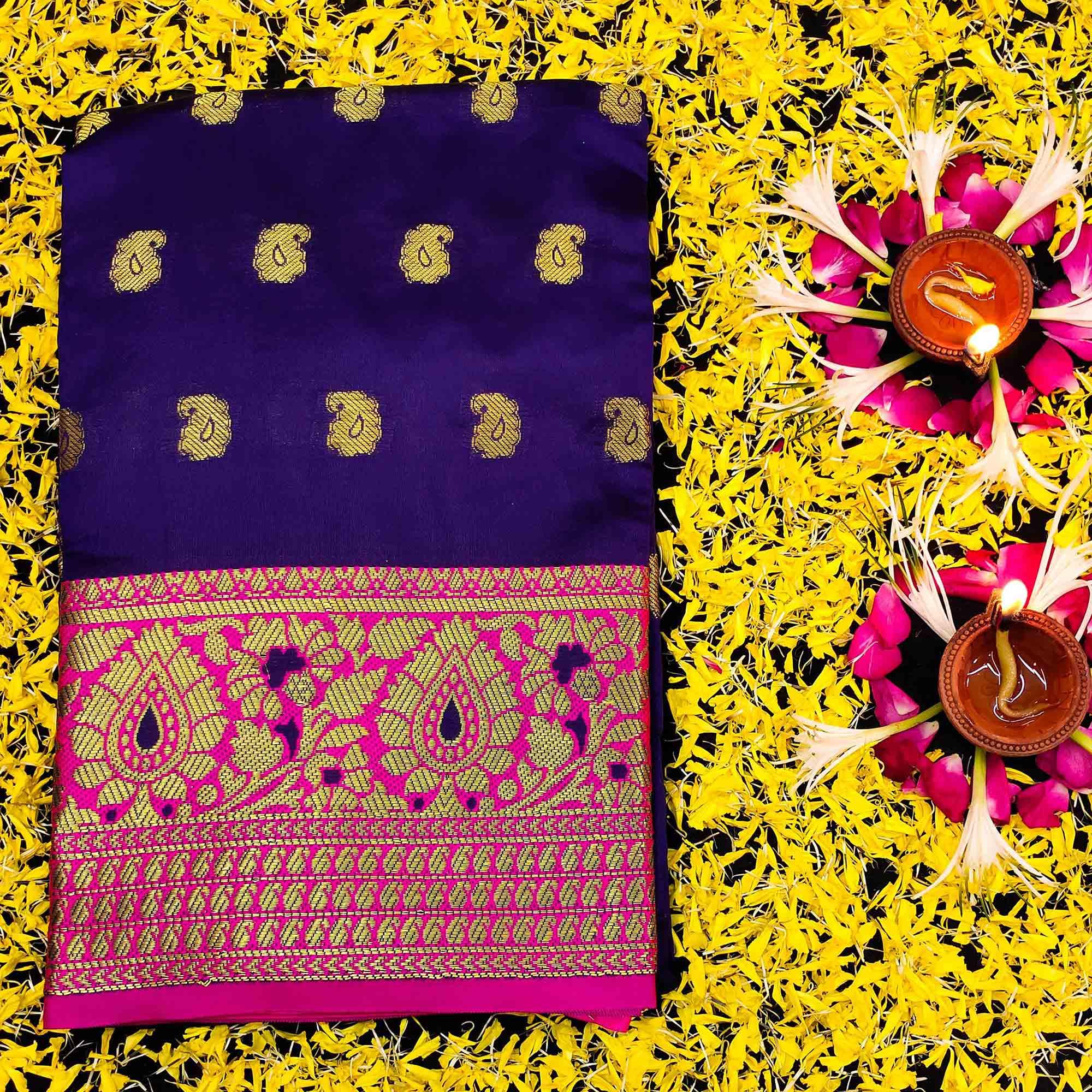 Pretty Navy Blue Colored Festive Wear Woven Kanjivaram Silk Saree - Peachmode