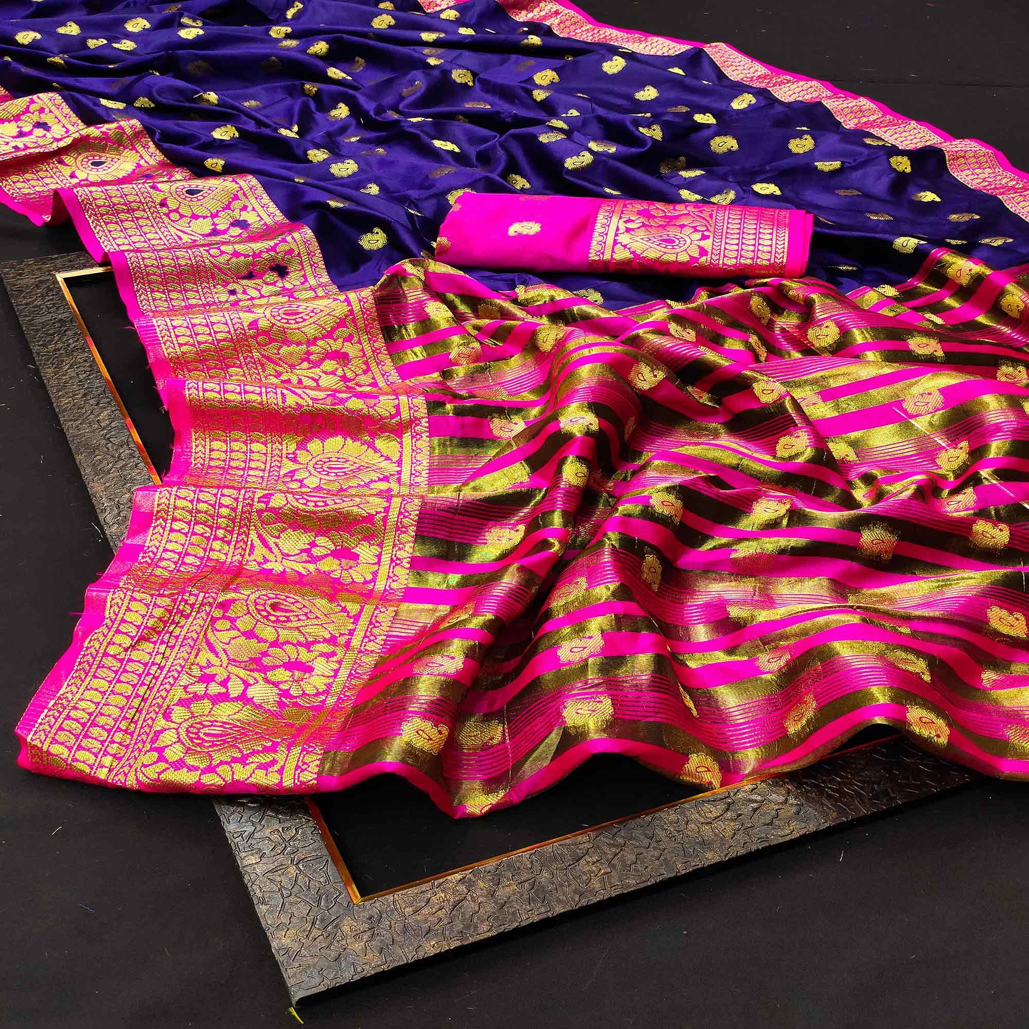 Pretty Navy Blue Colored Festive Wear Woven Kanjivaram Silk Saree - Peachmode