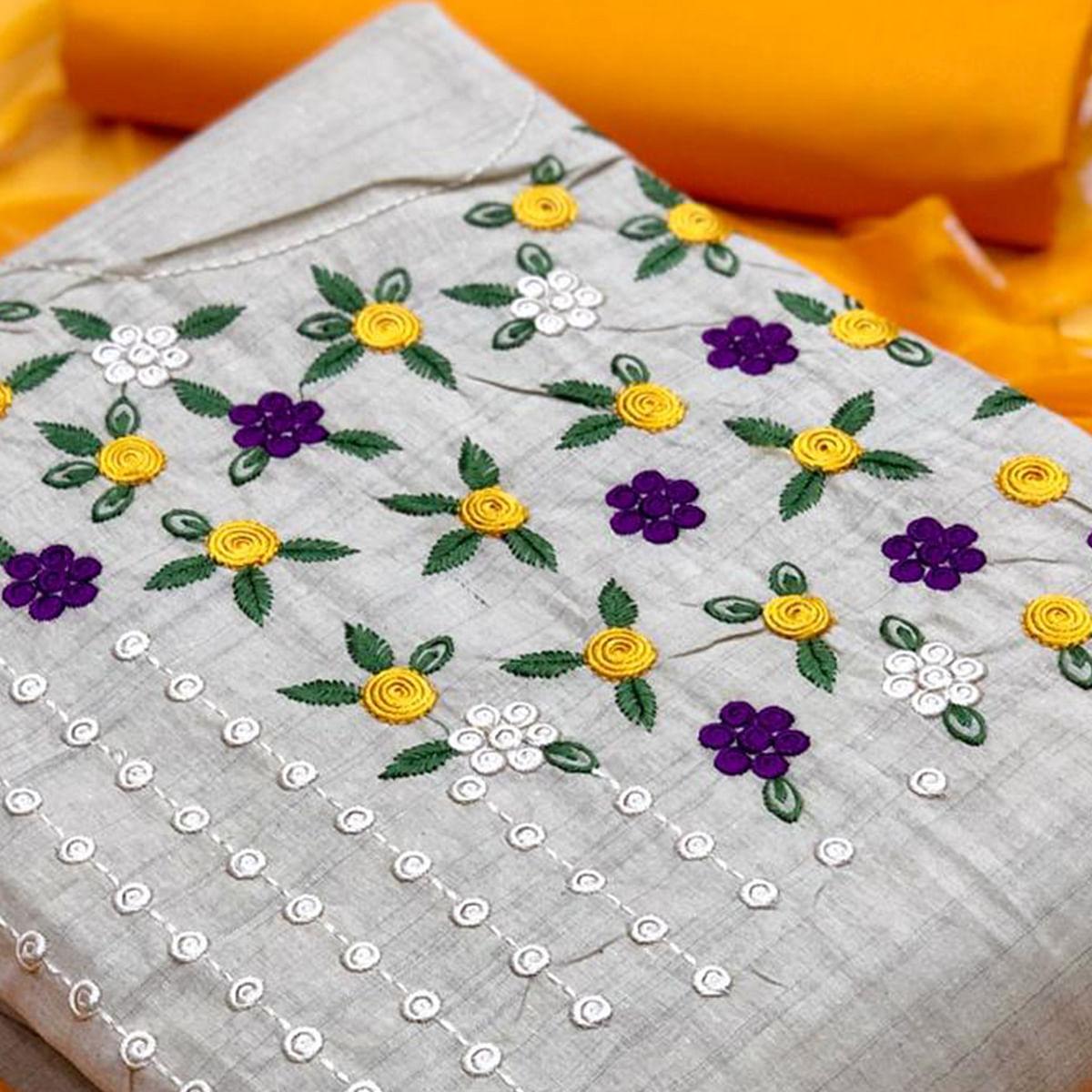 Pretty Offwhite - Yellow Colored Casual Wear Embroidered Cotton Dress Material - Peachmode