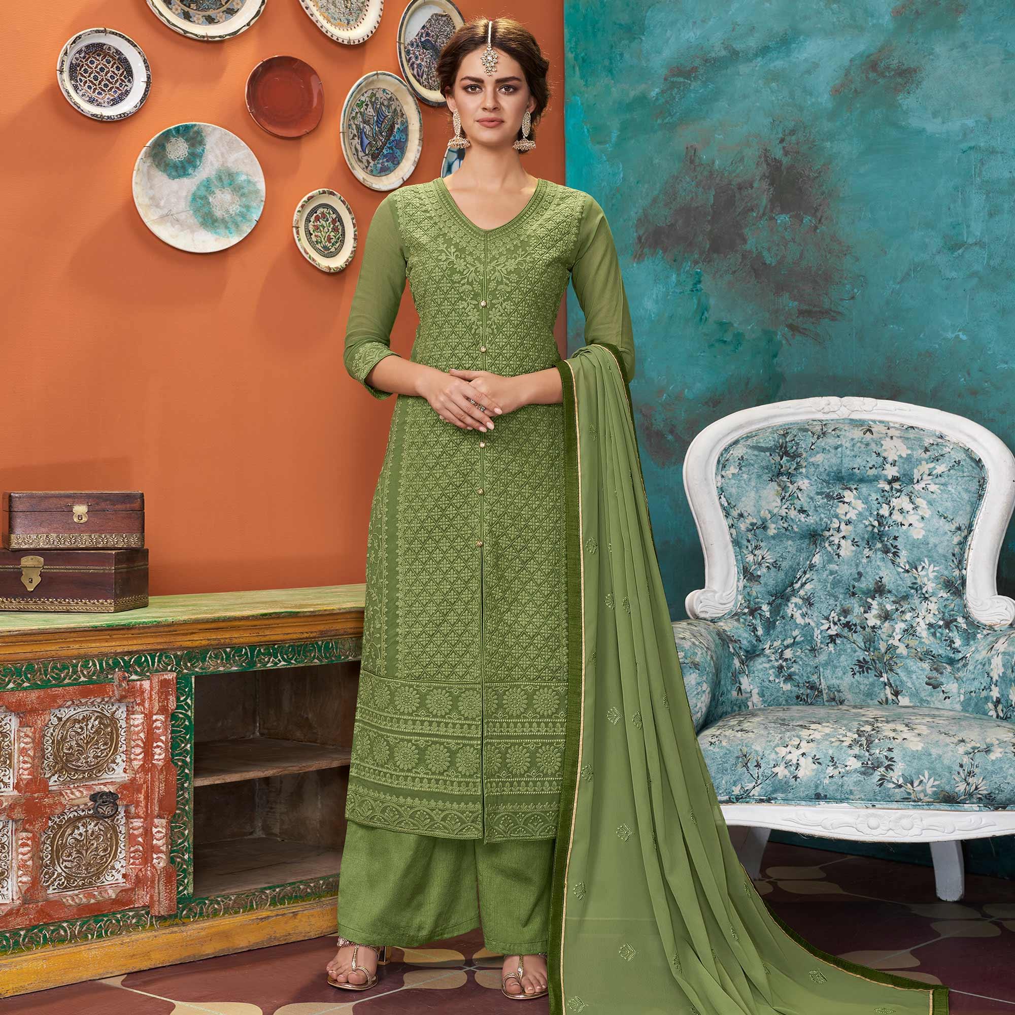 Pretty Olive Green Colored Partywear Embroidered Heavy Faux Georgette Palazzo Suit - Peachmode