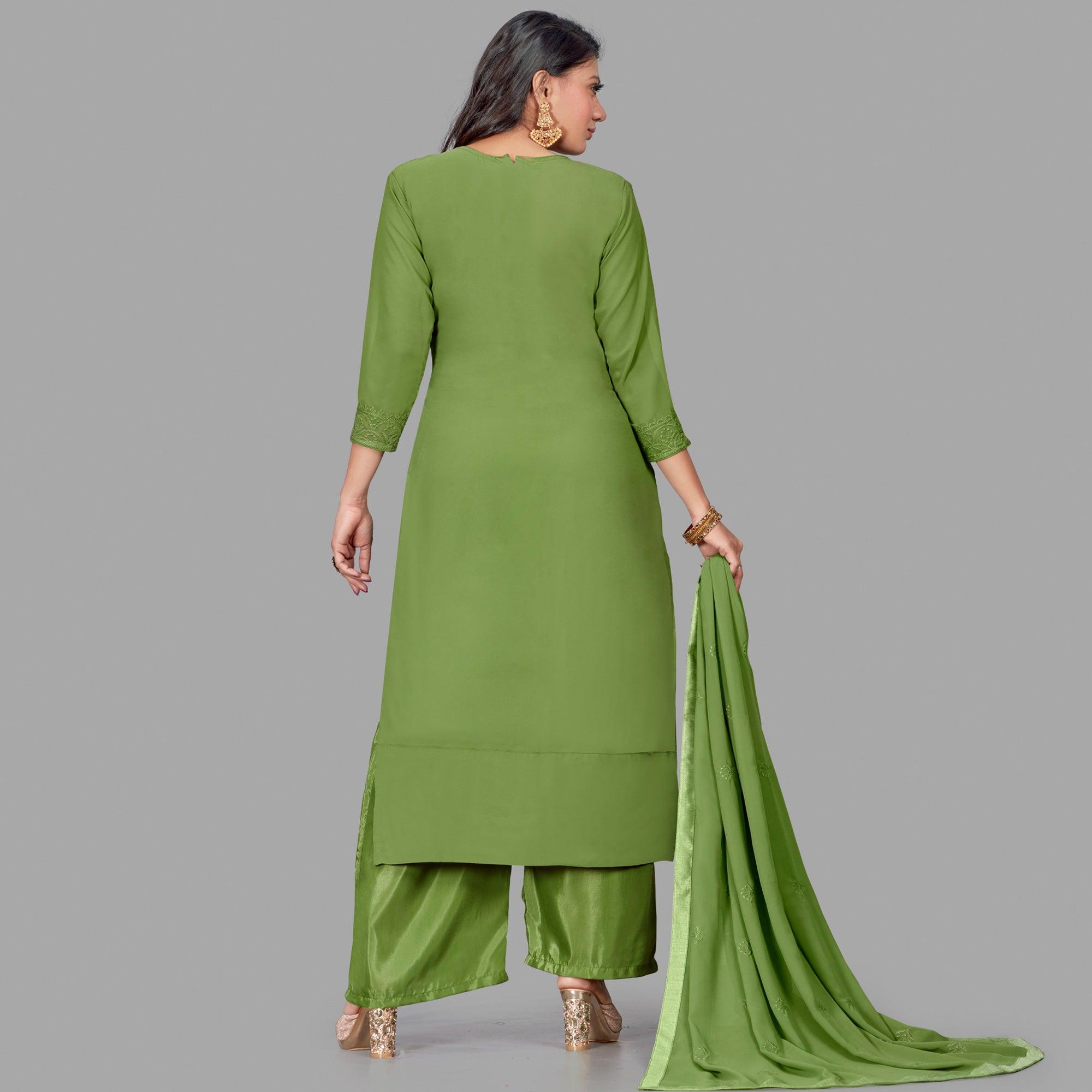 Pretty Olive Green Colored Partywear Embroidered Heavy Faux Georgette Palazzo Suit - Peachmode