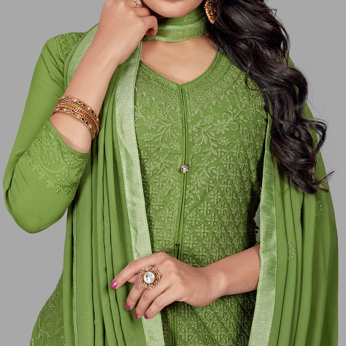 Pretty Olive Green Colored Partywear Embroidered Heavy Faux Georgette Palazzo Suit - Peachmode