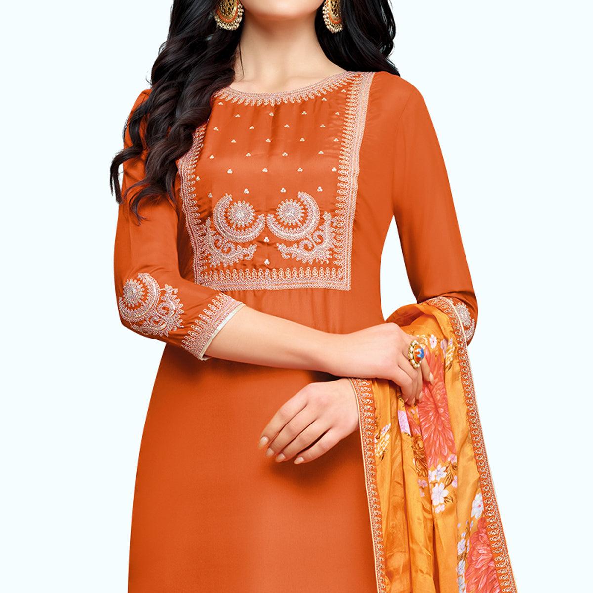 Pretty Orange Colored Partywear Embroidered Silk Palazzo Suit - Peachmode