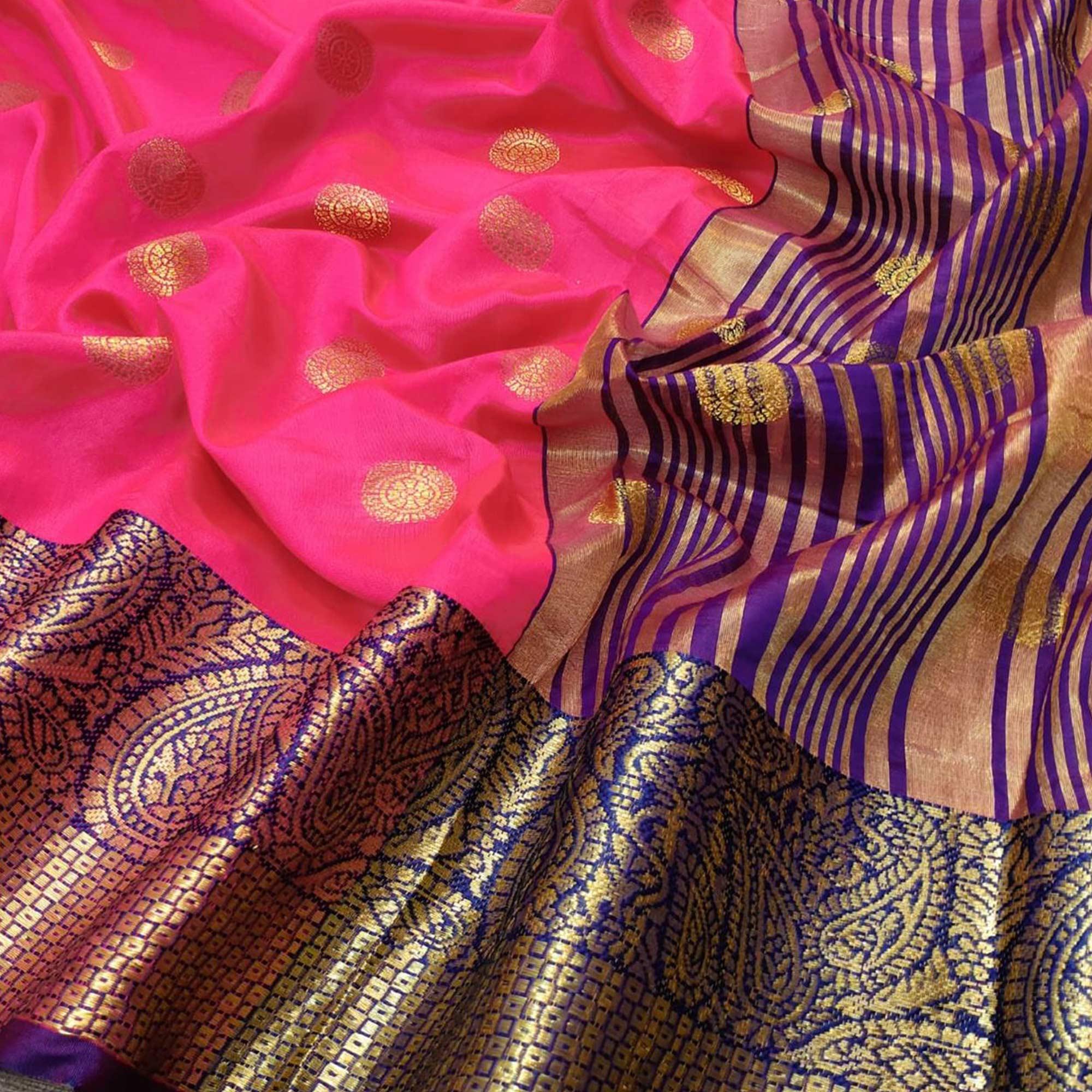 Pretty Pink Colored Festive Wear Woven Kanjivaram Silk Saree - Peachmode