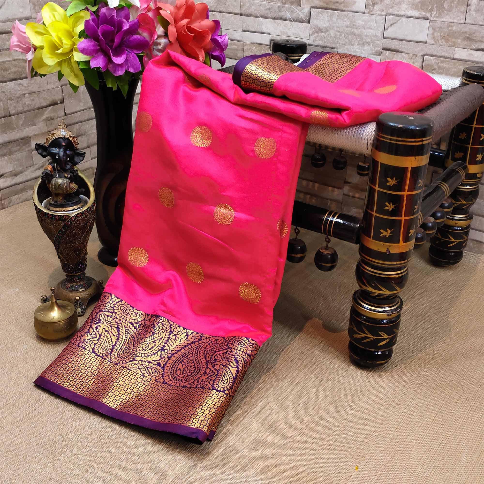 Pretty Pink Colored Festive Wear Woven Kanjivaram Silk Saree - Peachmode