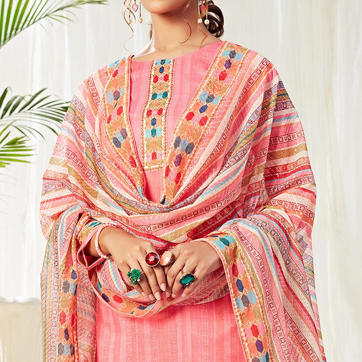 Pretty Pink Colored Partywear Digital Printed Cotton Suit - Peachmode