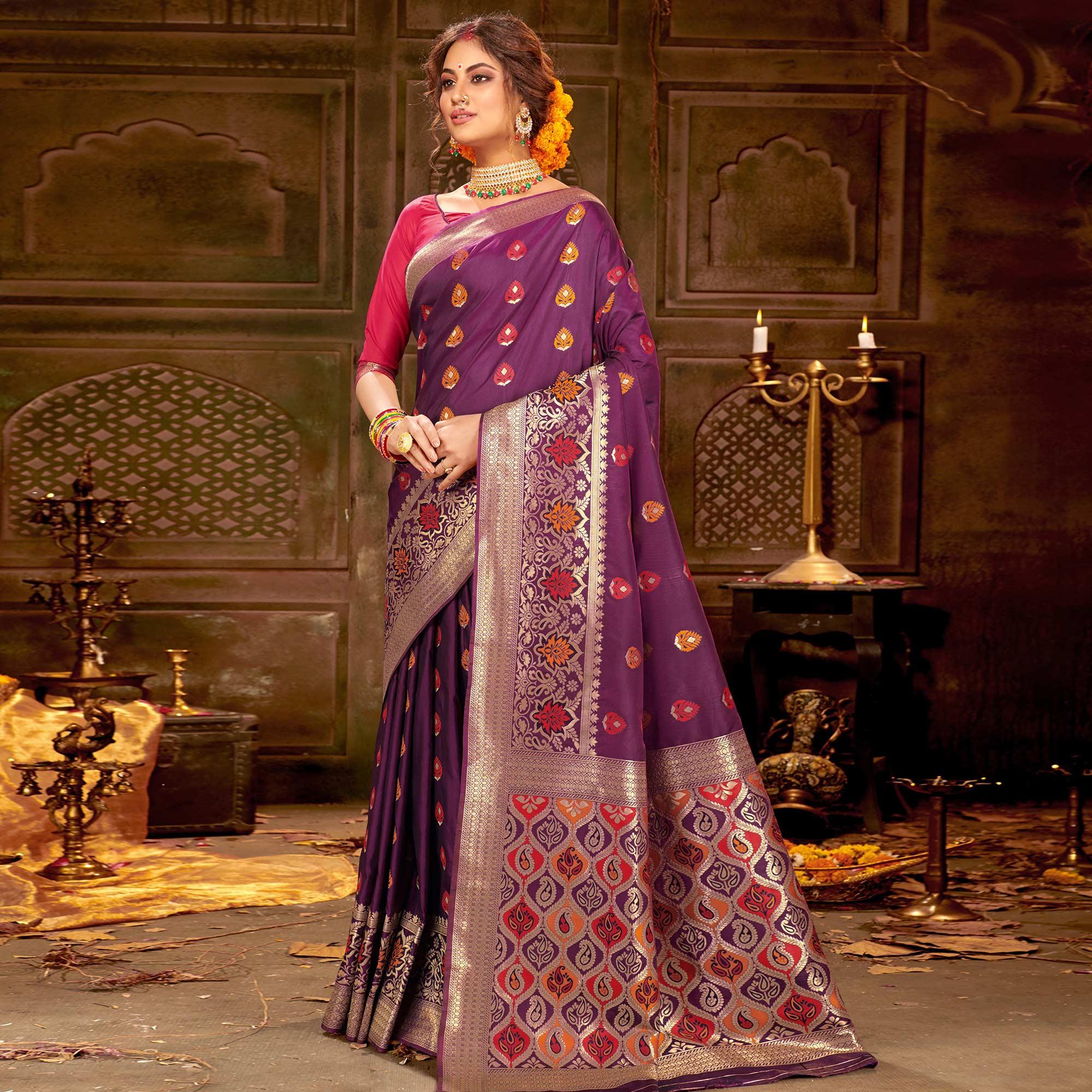 Pretty Purple Colored Festive Wear Woven Banarasi Silk Saree - Peachmode