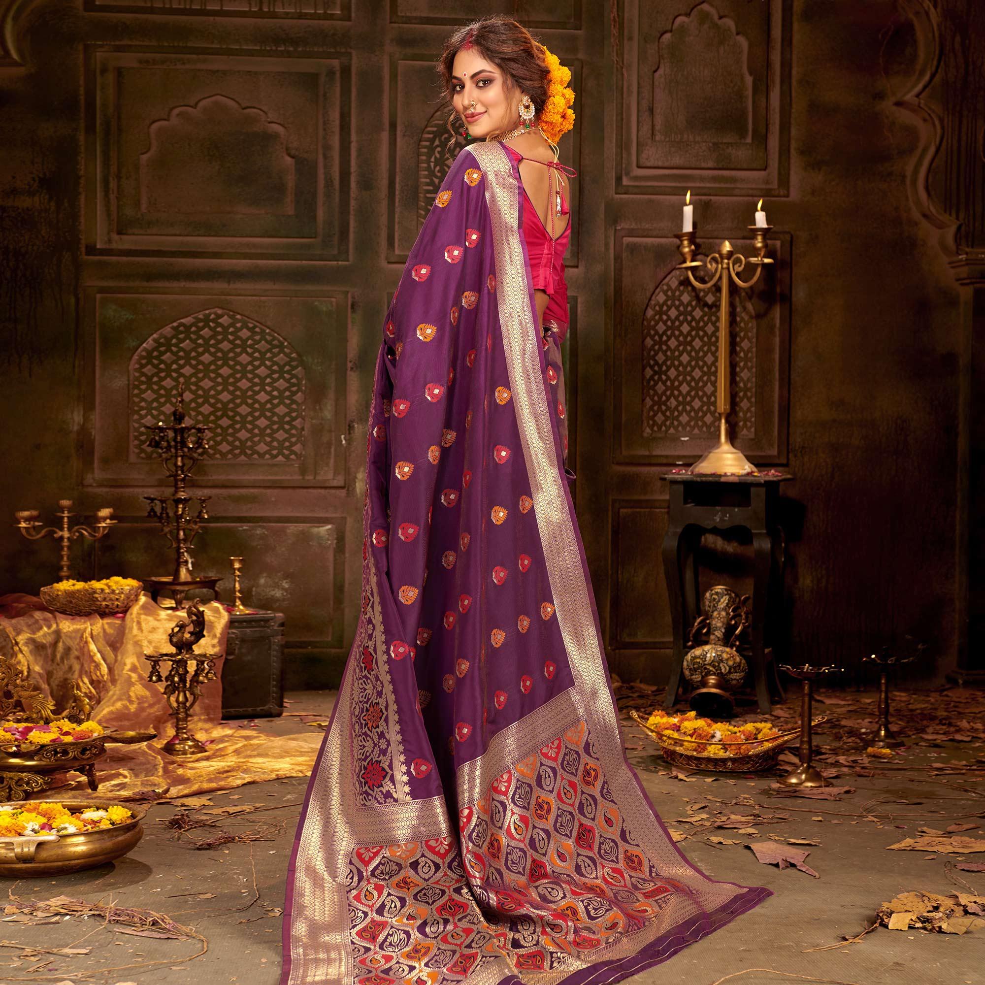 Pretty Purple Colored Festive Wear Woven Banarasi Silk Saree - Peachmode