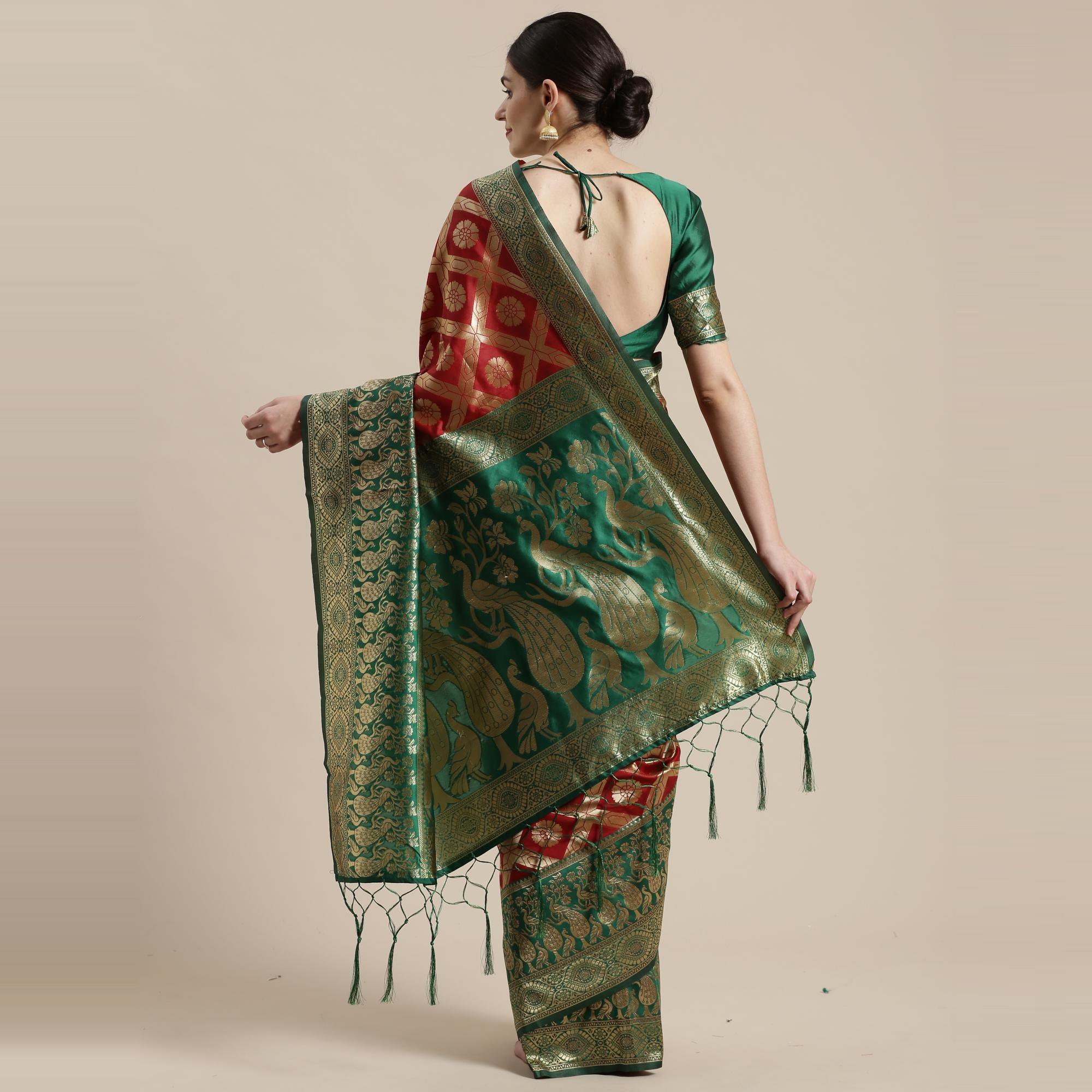 Pretty Red Colored Festive Wear Woven Silk Belnd Saree With Tassels - Peachmode
