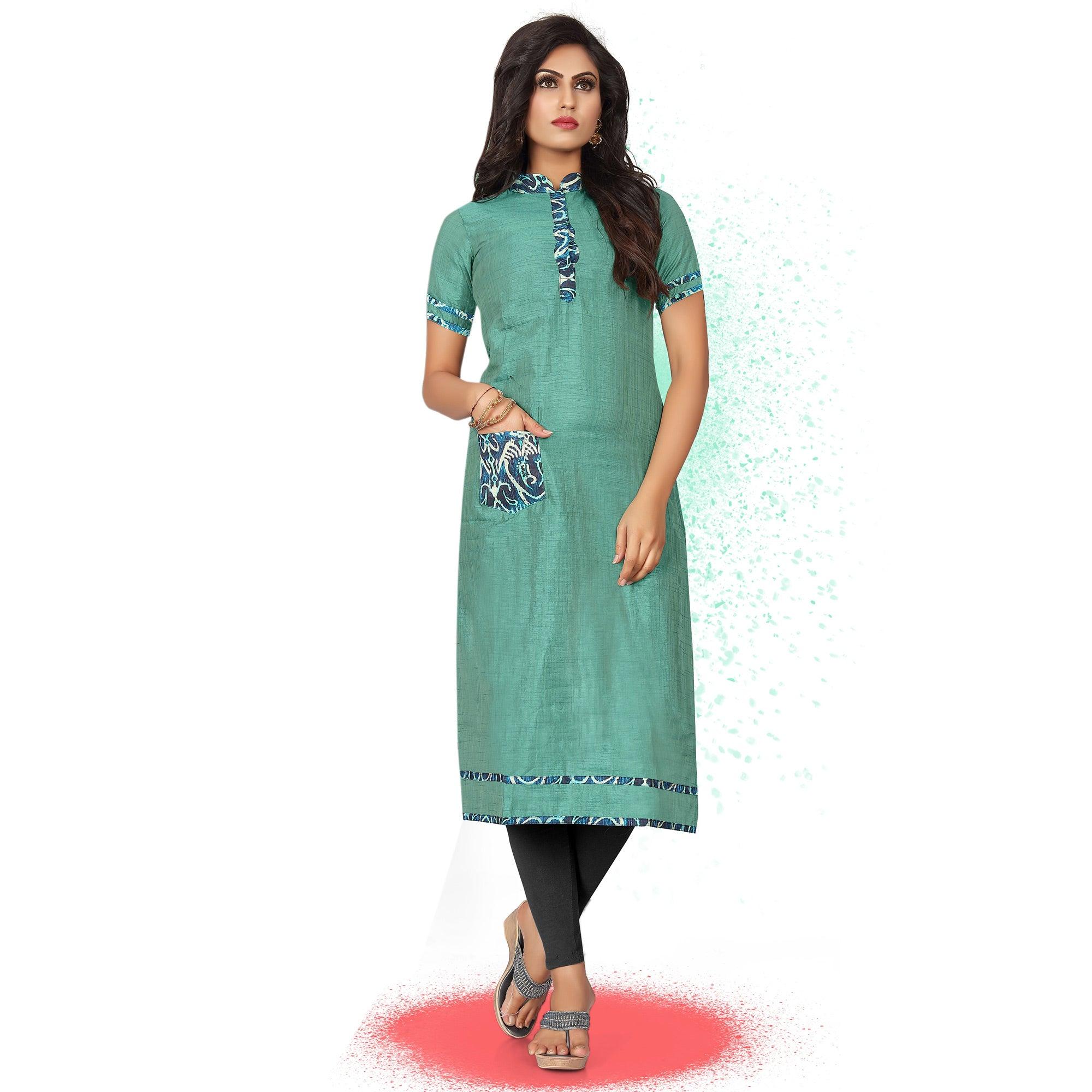 Pretty Sea Green Colored Casual Wear Art Silk Kurti - Peachmode