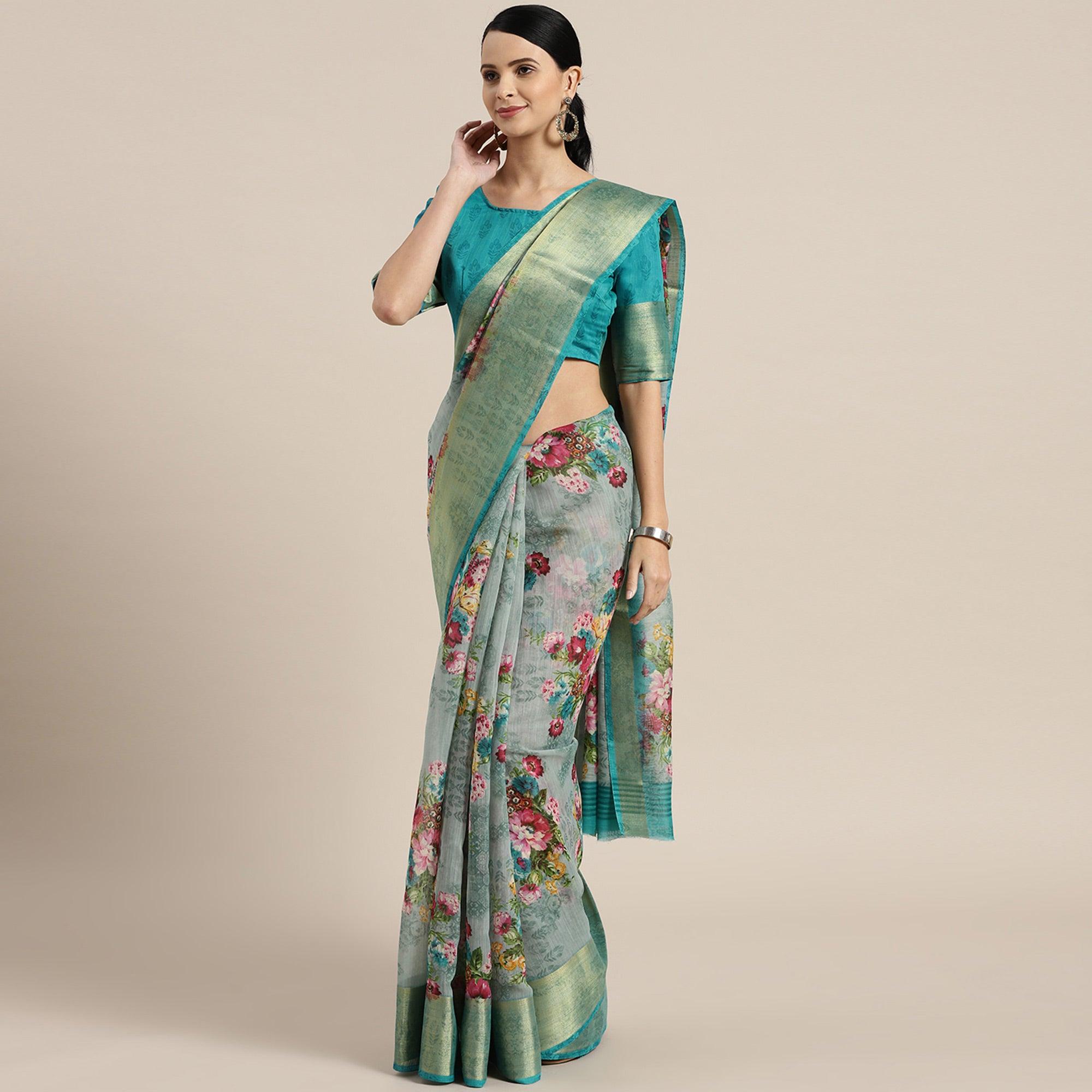 Pretty Sea Green Festive Wear Semi Floral Printed Linen Jari Border Printed Saree - Peachmode