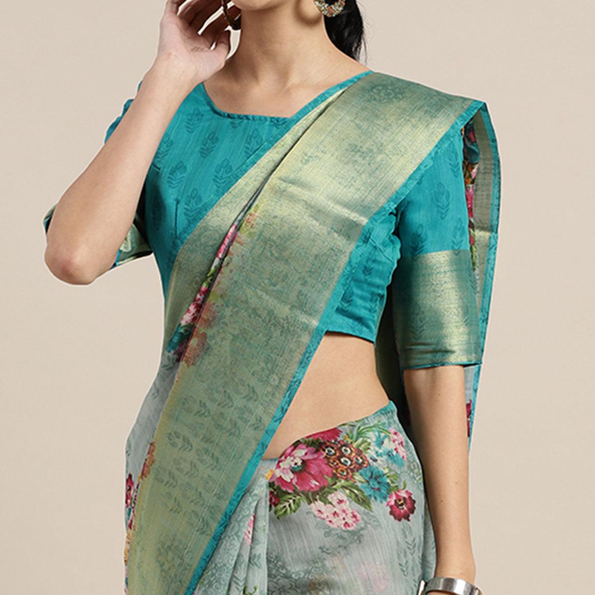 Pretty Sea Green Festive Wear Semi Floral Printed Linen Jari Border Printed Saree - Peachmode