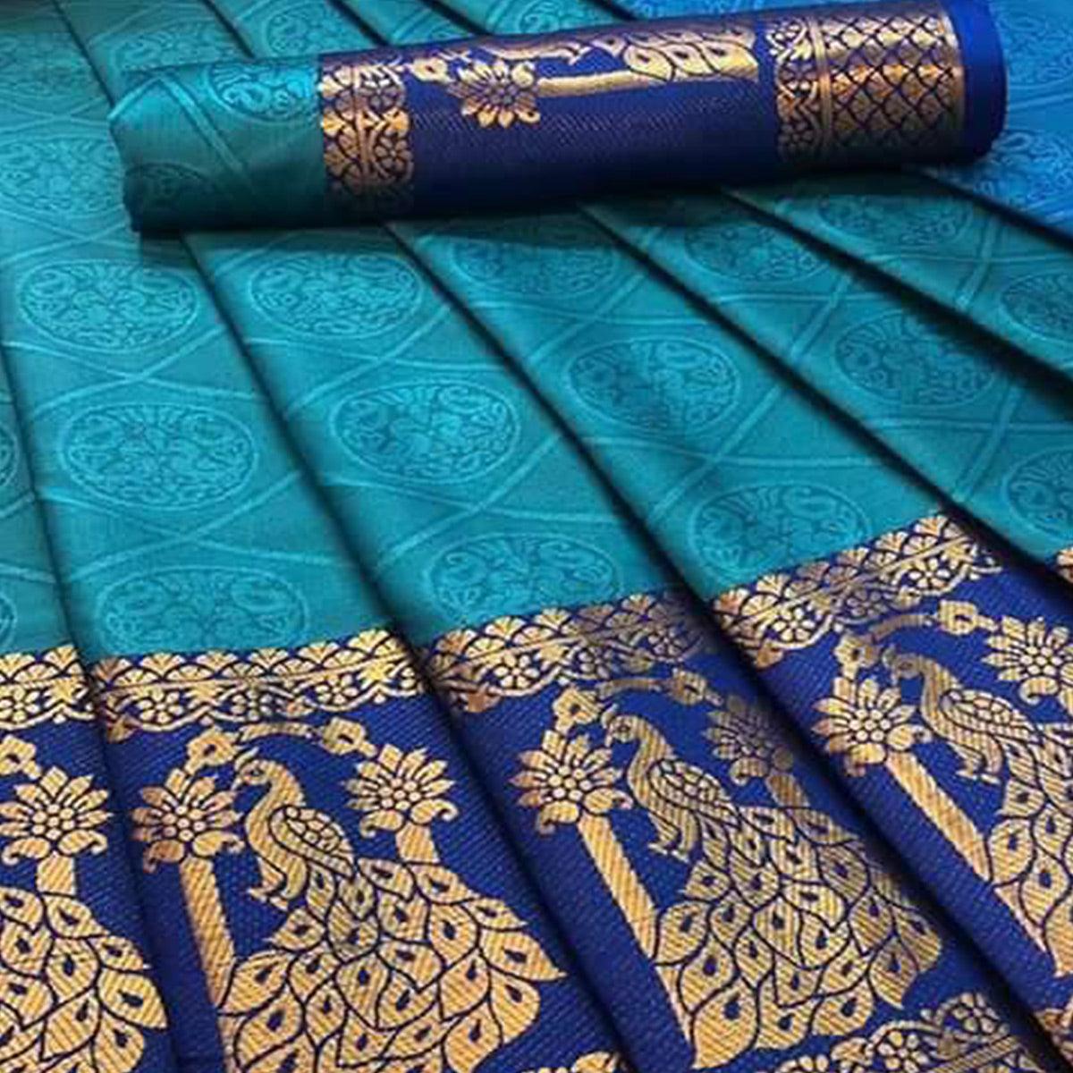 Pretty Sky Blue Coloured Festive Wear Woven Cotton Silk Saree - Peachmode