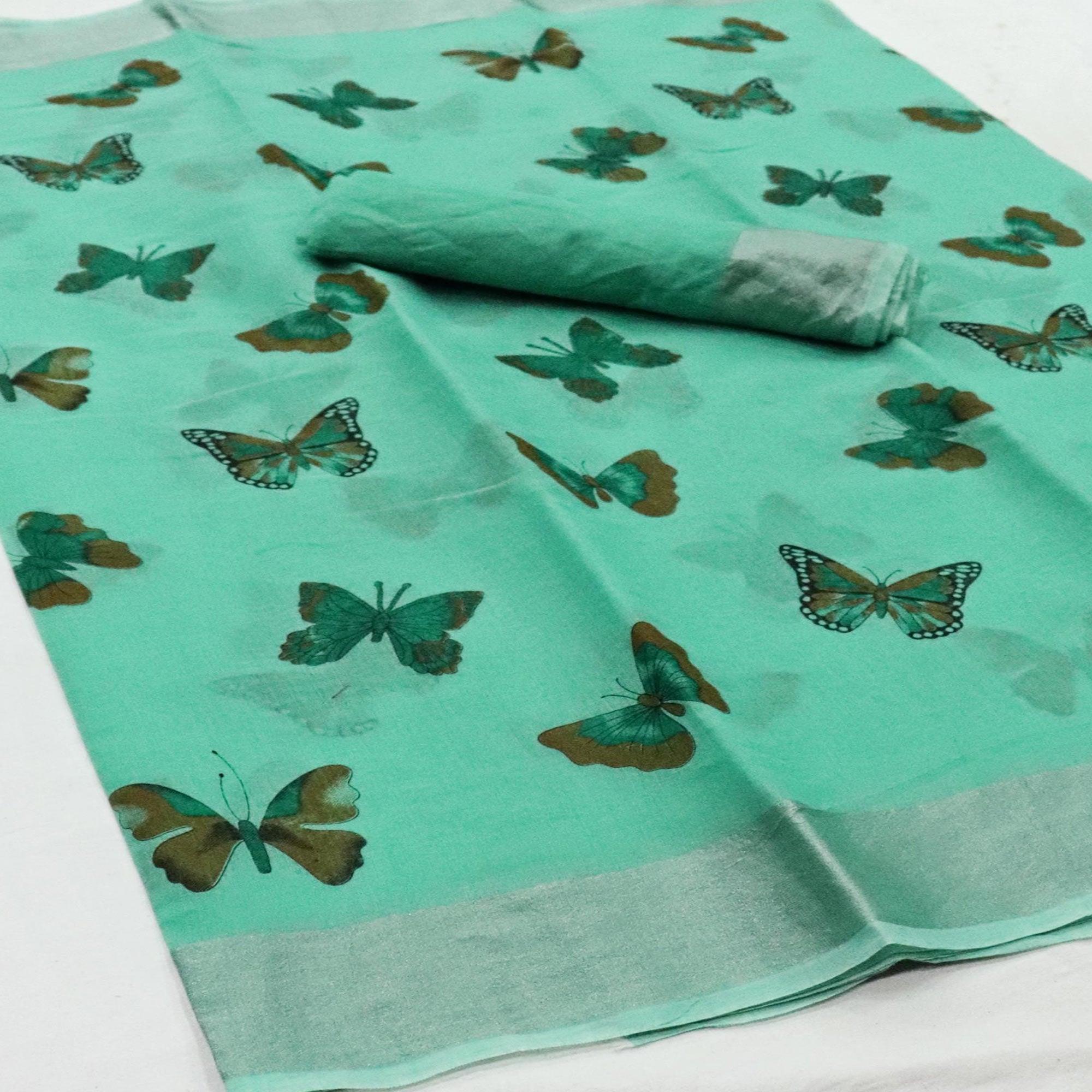 Pretty Turquoise Green Colored Casual Wear Butterfly Block Printed Cotton Linen Saree - Peachmode