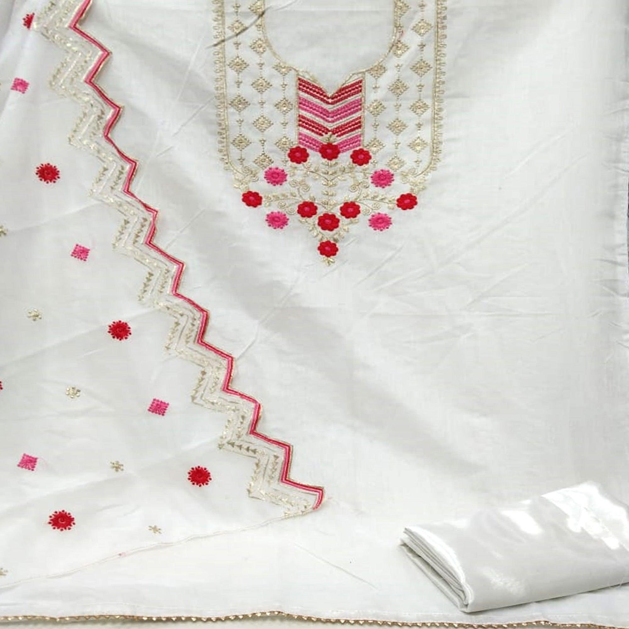 Pretty White Colored Casual Wear Embroidered Chanderi Dress Material - Peachmode