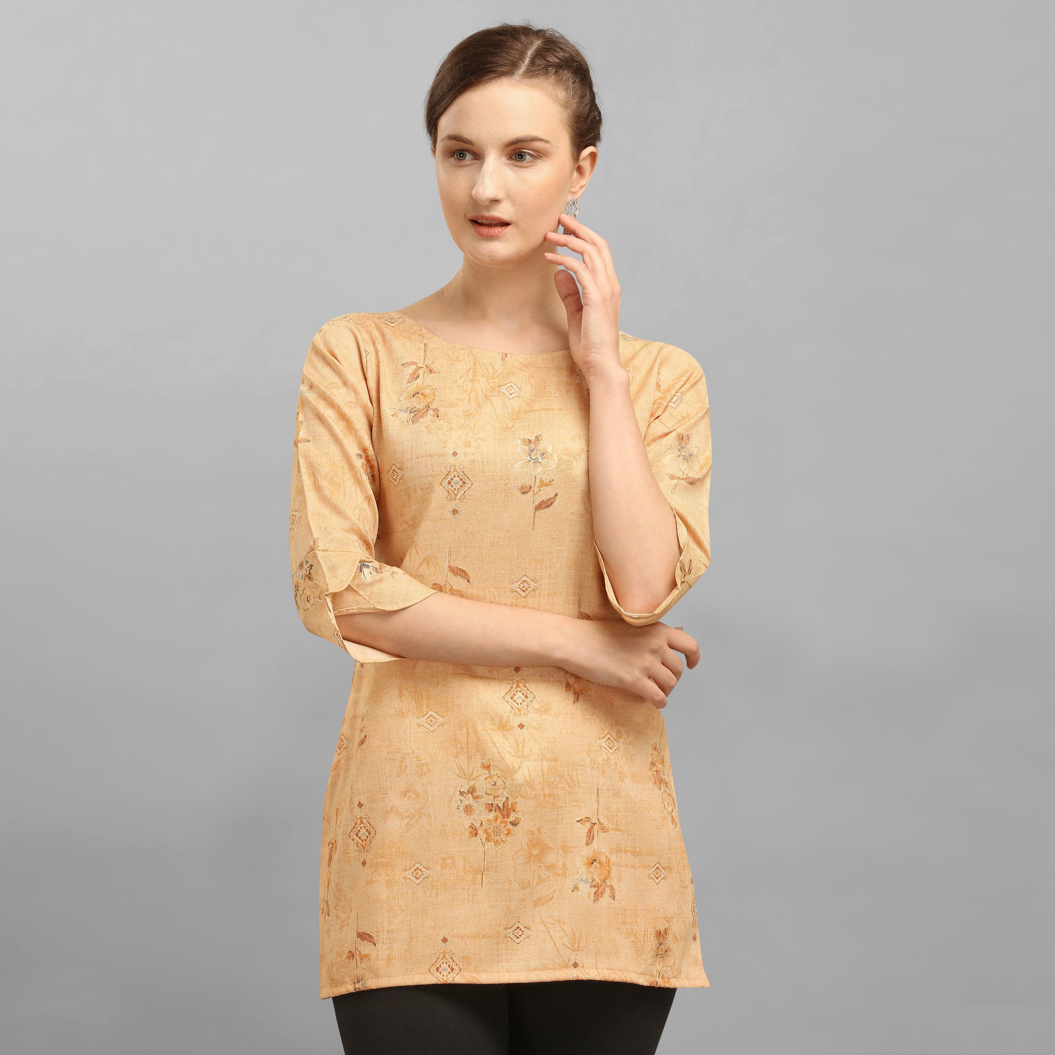 Pretty Yellow Colored Casual Wear Foil Printed Rayon Top - Peachmode