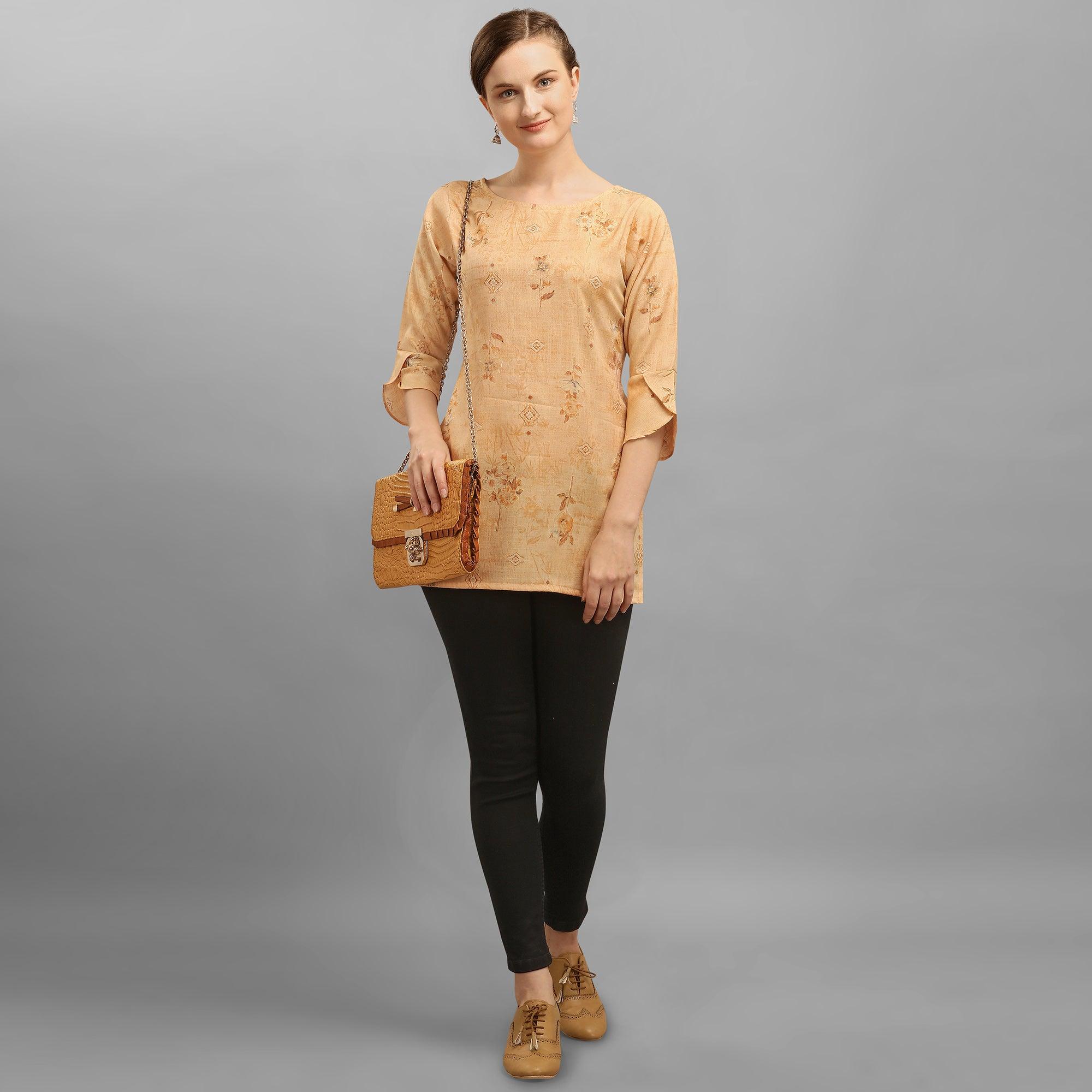 Pretty Yellow Colored Casual Wear Foil Printed Rayon Top - Peachmode