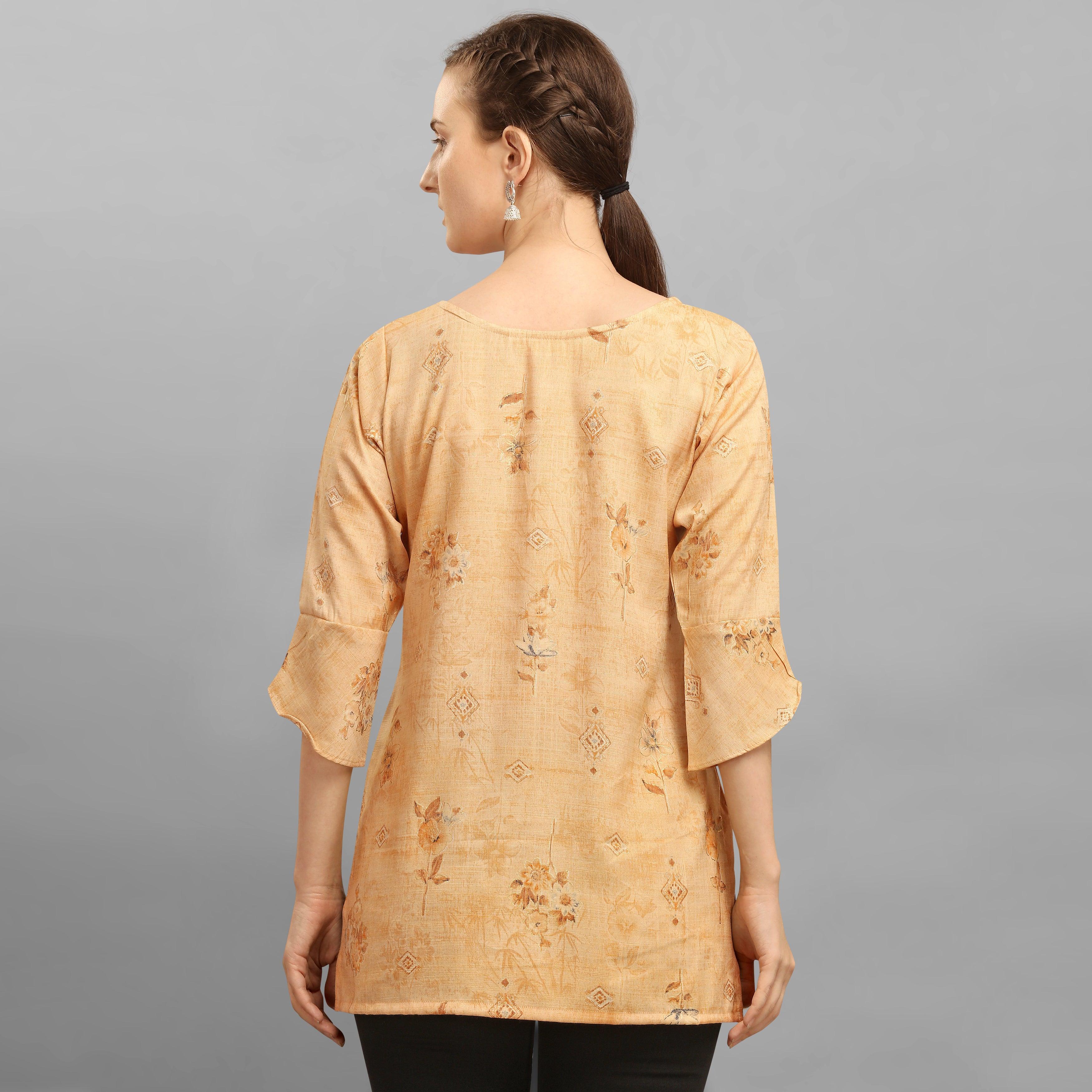 Pretty Yellow Colored Casual Wear Foil Printed Rayon Top - Peachmode