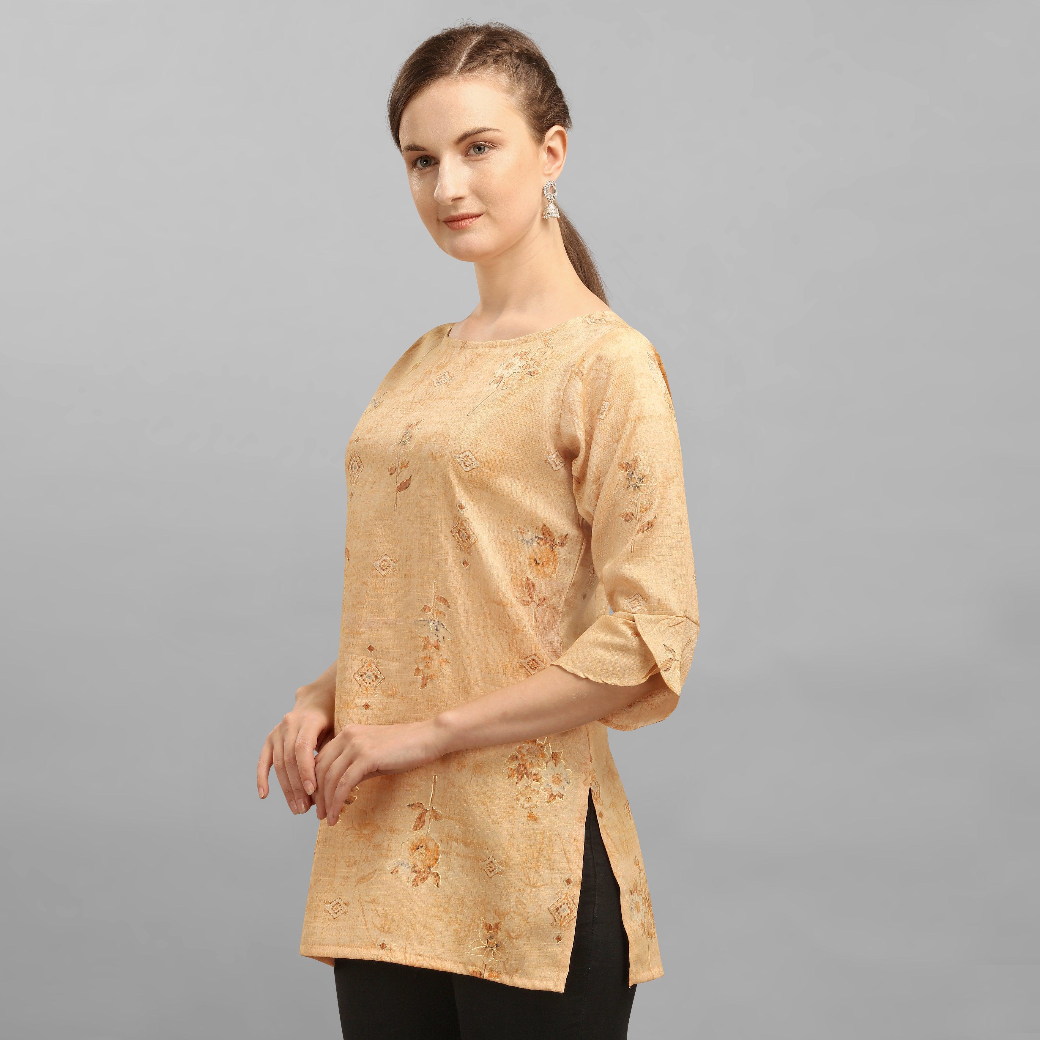 Pretty Yellow Colored Casual Wear Foil Printed Rayon Top - Peachmode