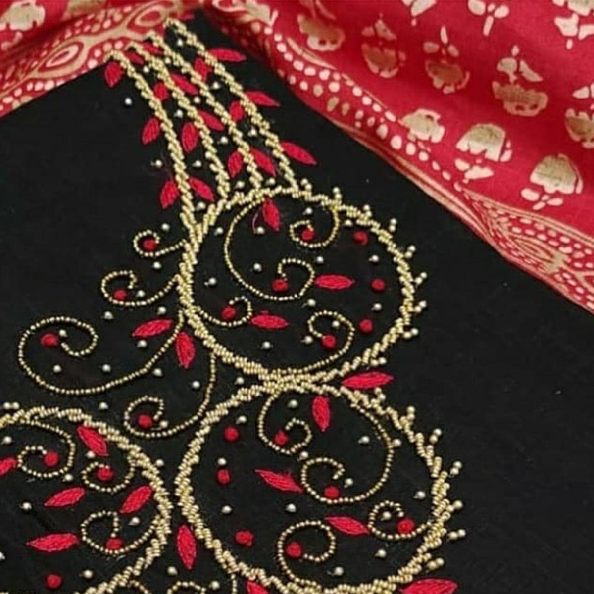 Prominent Black Colored Casual Wear Embroidered Modal Chanderi Dress Material - Peachmode