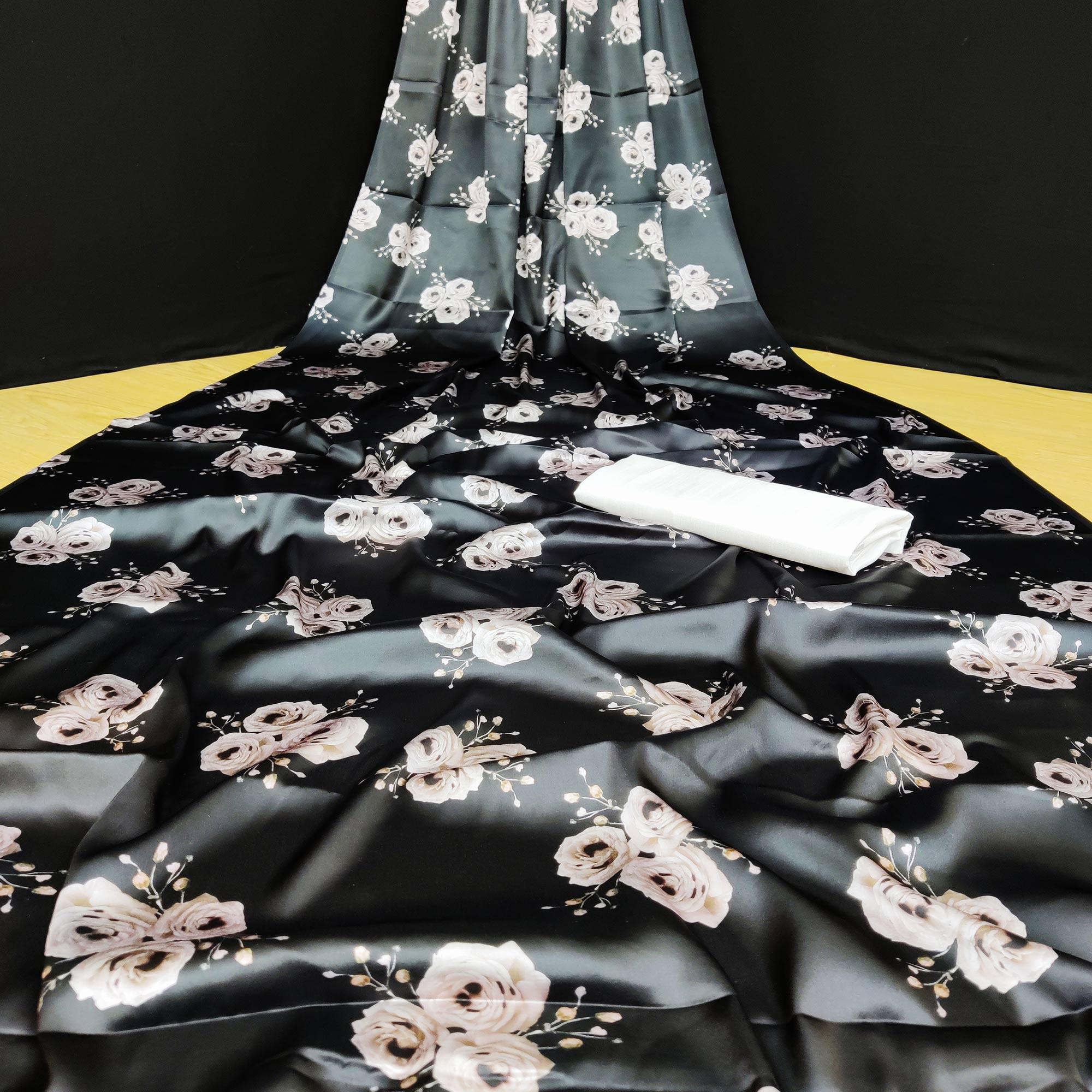 Prominent Black Coloured Casual Wear Digital Printed Satin Saree - Peachmode
