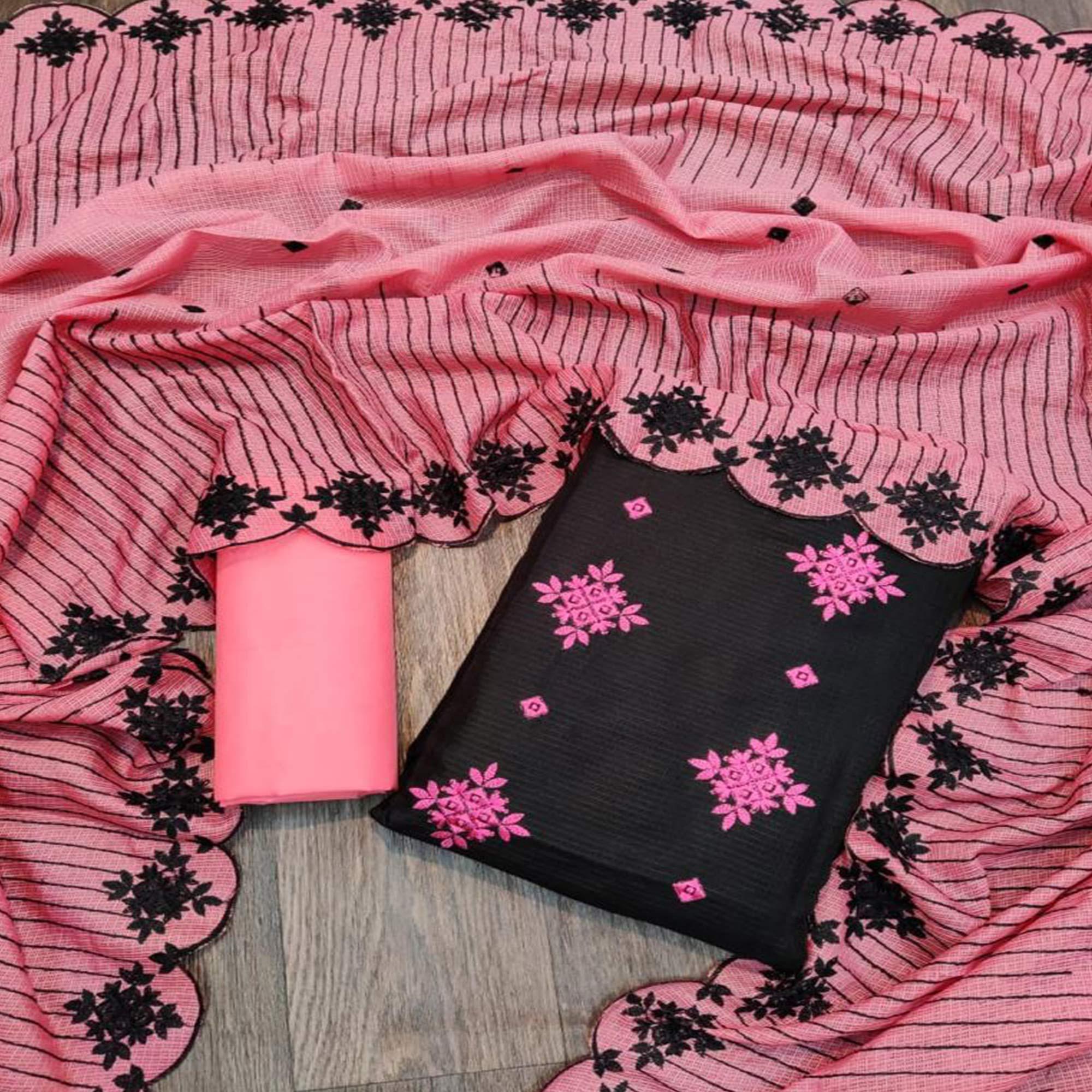 Prominent Black - Pink Colored Casual Wear Embroidered Kota Chex Dress Material - Peachmode