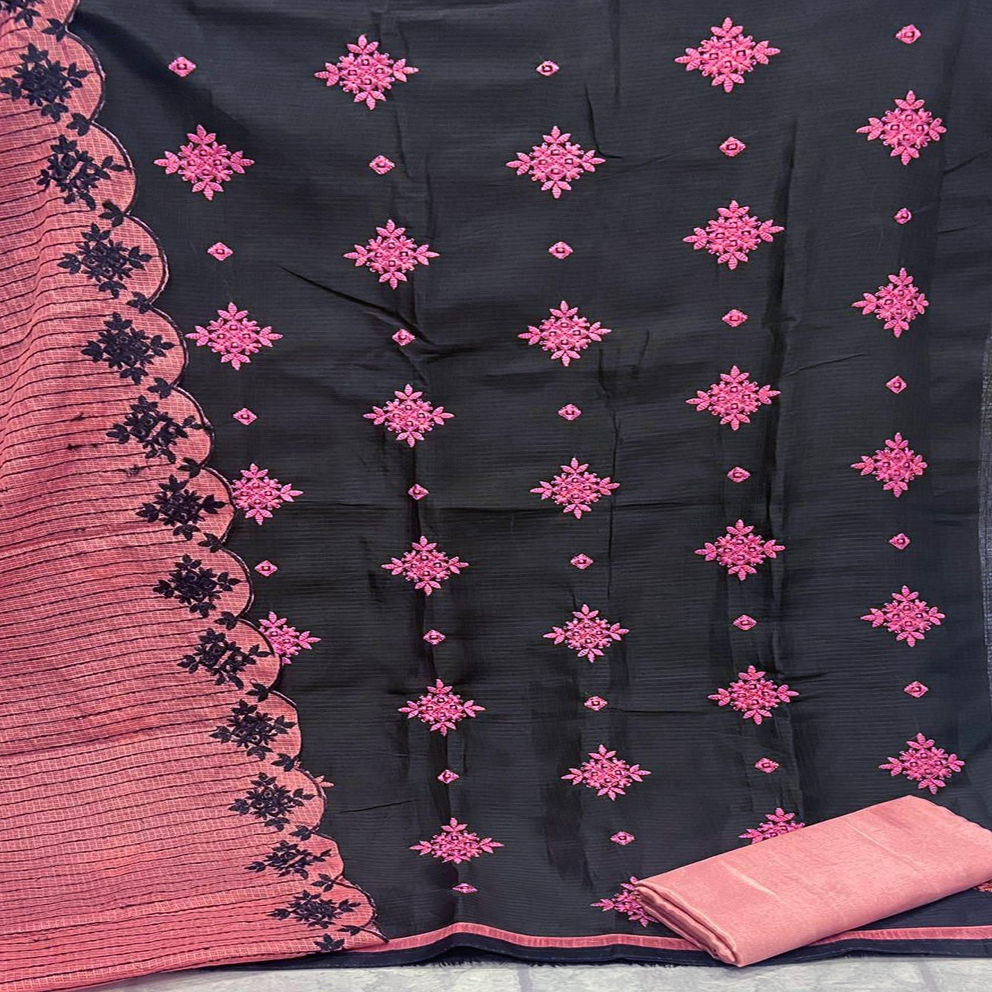 Prominent Black - Pink Colored Casual Wear Embroidered Kota Chex Dress Material - Peachmode