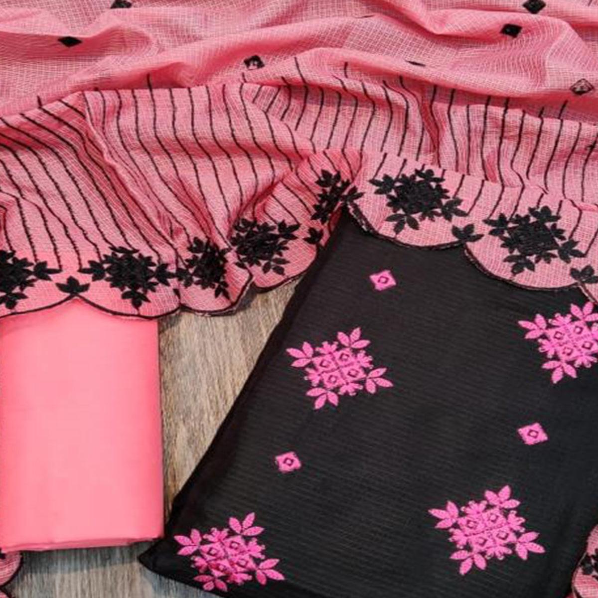 Prominent Black - Pink Colored Casual Wear Embroidered Kota Chex Dress Material - Peachmode
