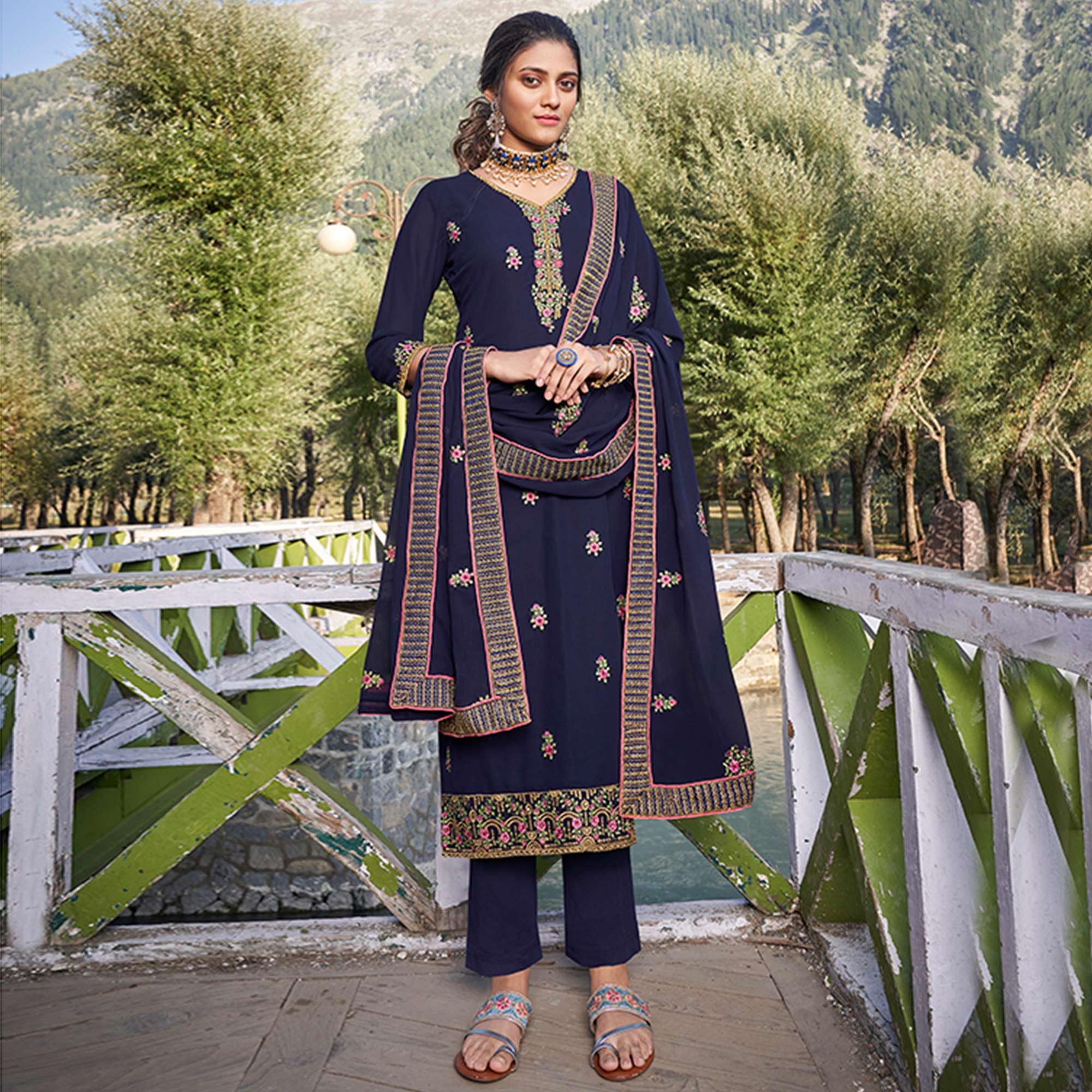 Prominent Blue Colored Party Wear Floral Embroidered Georgette Suit - Peachmode