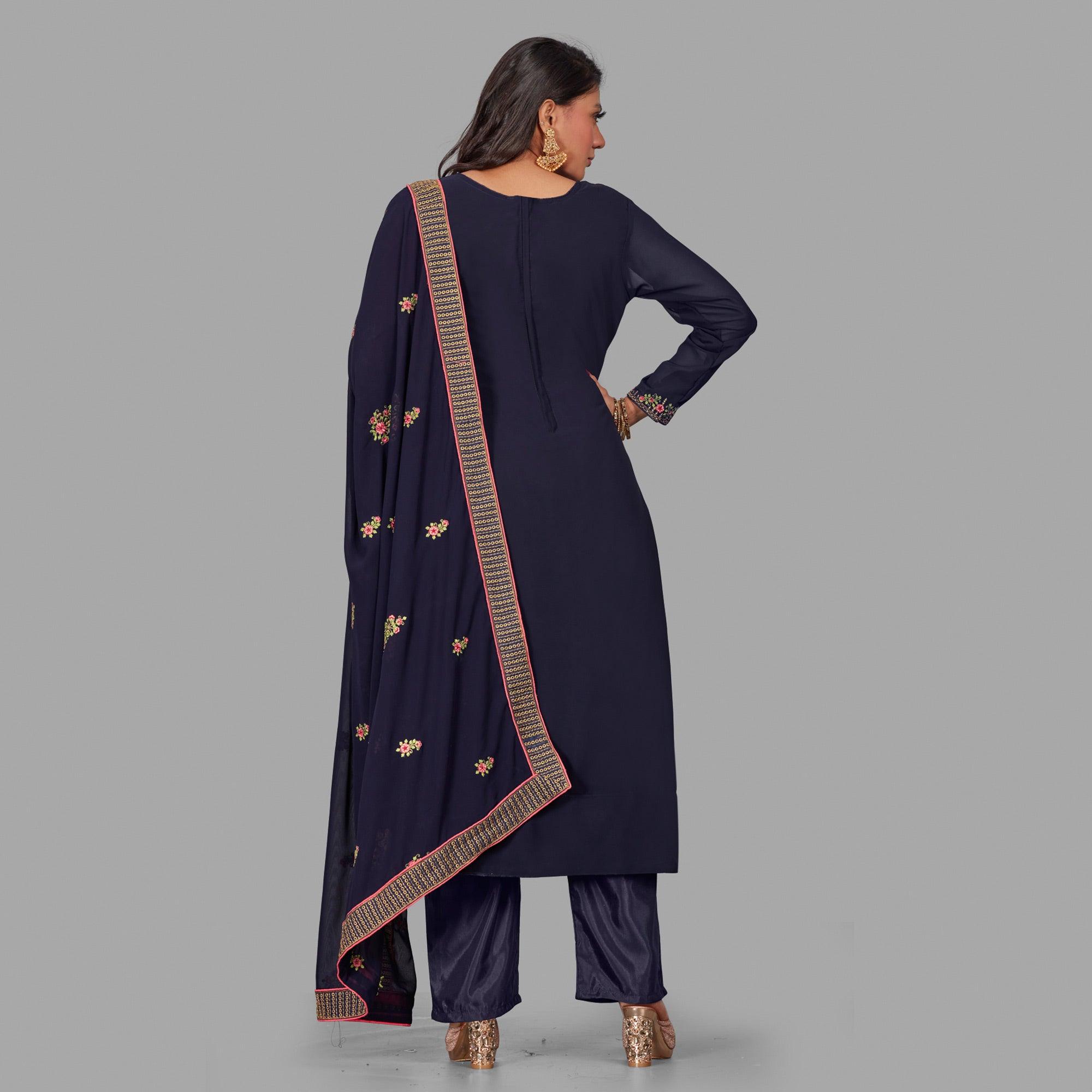 Prominent Blue Colored Party Wear Floral Embroidered Georgette Suit - Peachmode