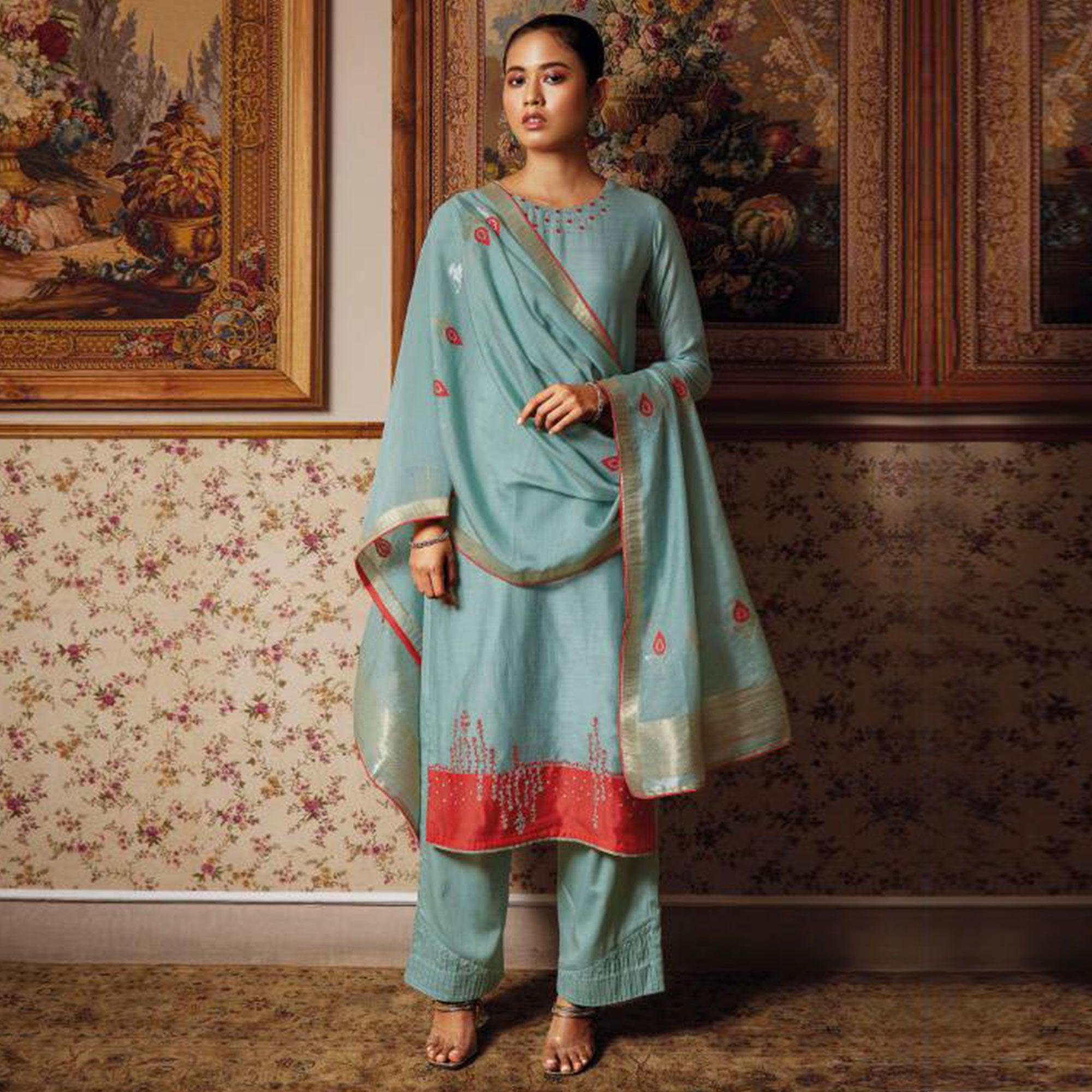 Prominent Blue Colored Partywear Embroidered Pure Silk Suit - Peachmode