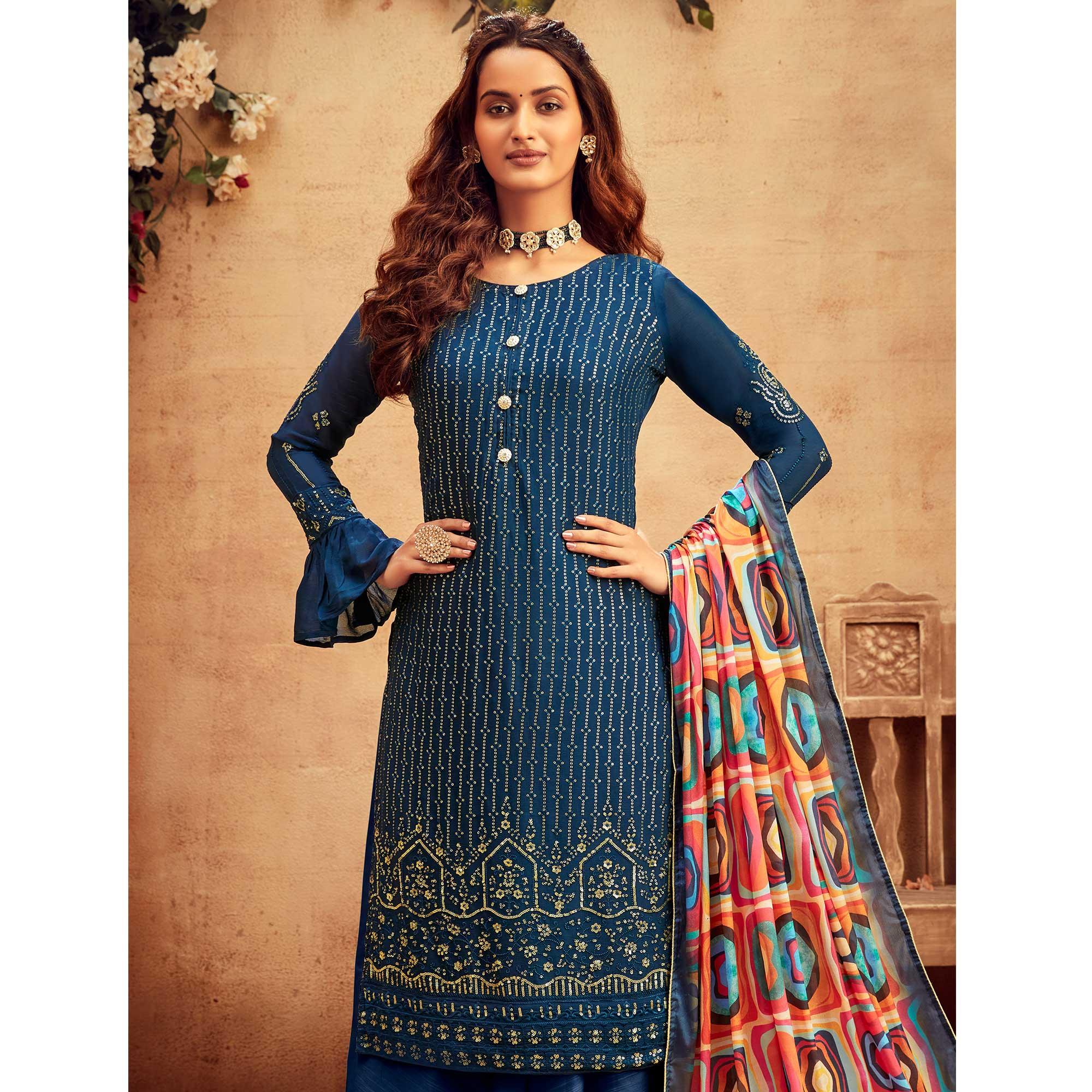 Prominent Blue Coloured Embroidered Partywear Pure Viscose Chiffon Palazzo Suit - Peachmode