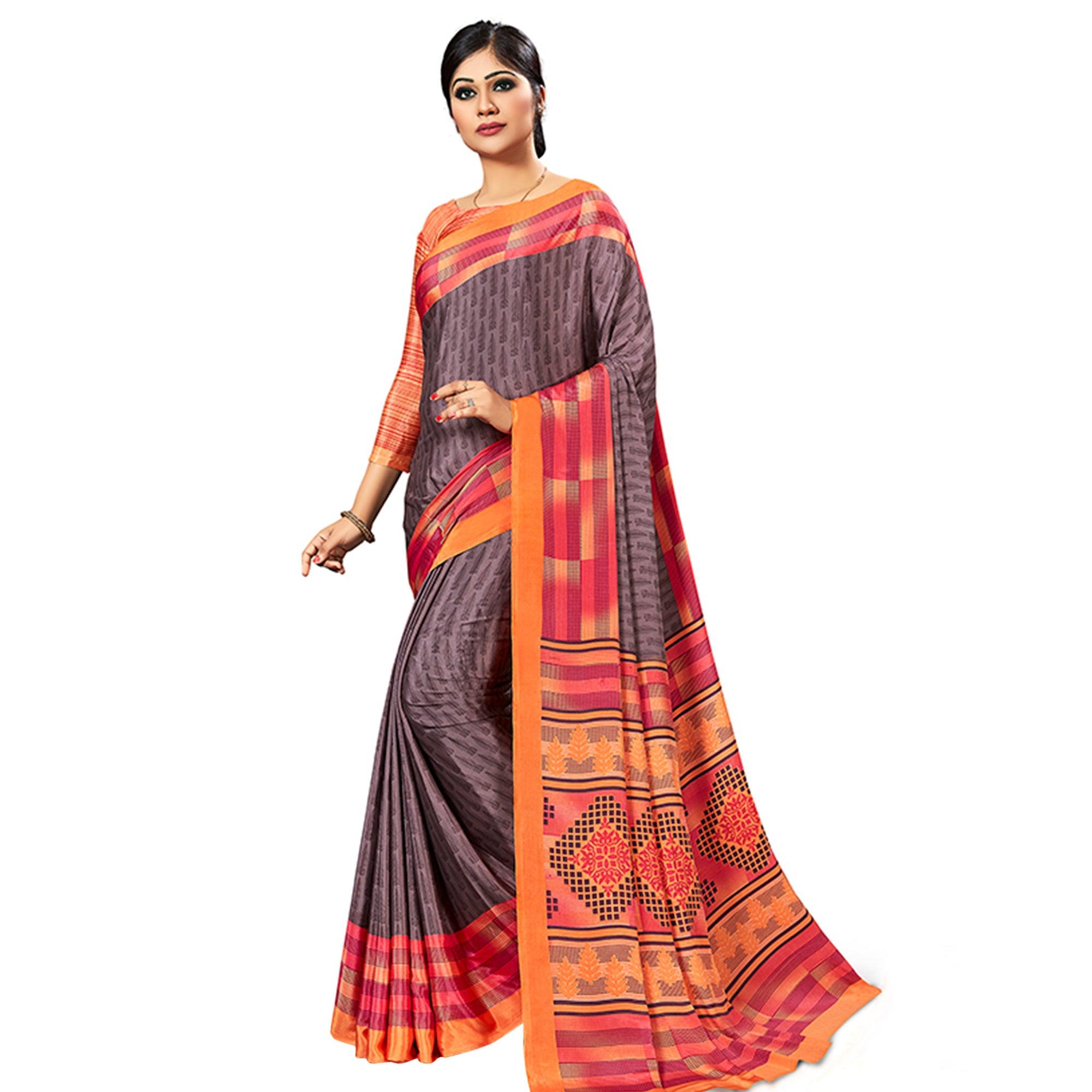Prominent Brown Colored Casual Wear Printed Crepe Saree - Peachmode